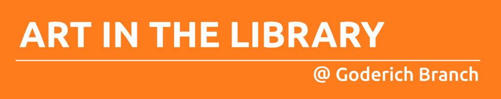 Orange rectangle with text promoting art in the library at Goderich