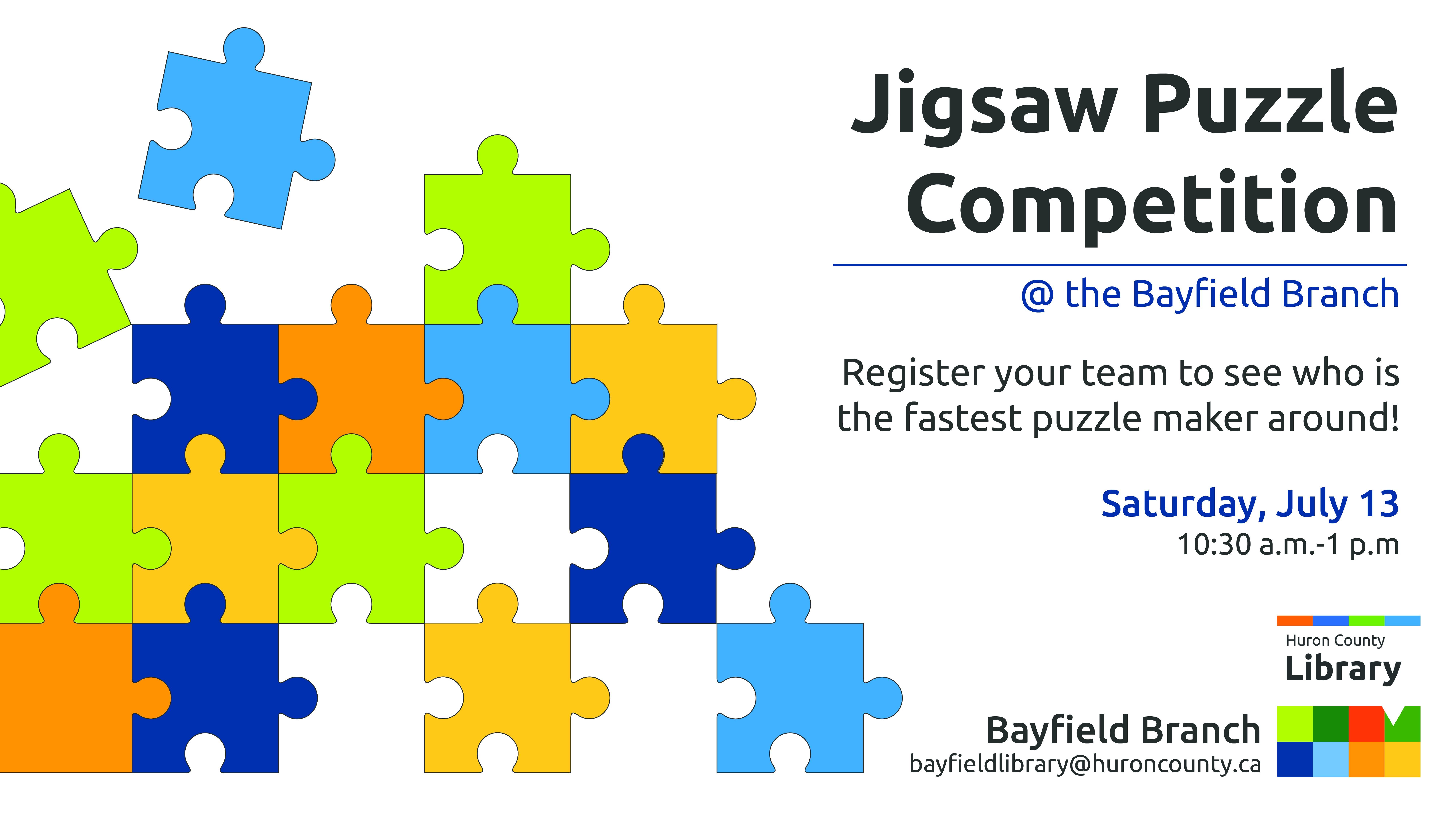 Illustration of puzzle pieces with text promoting puzzle competition in Bayfield