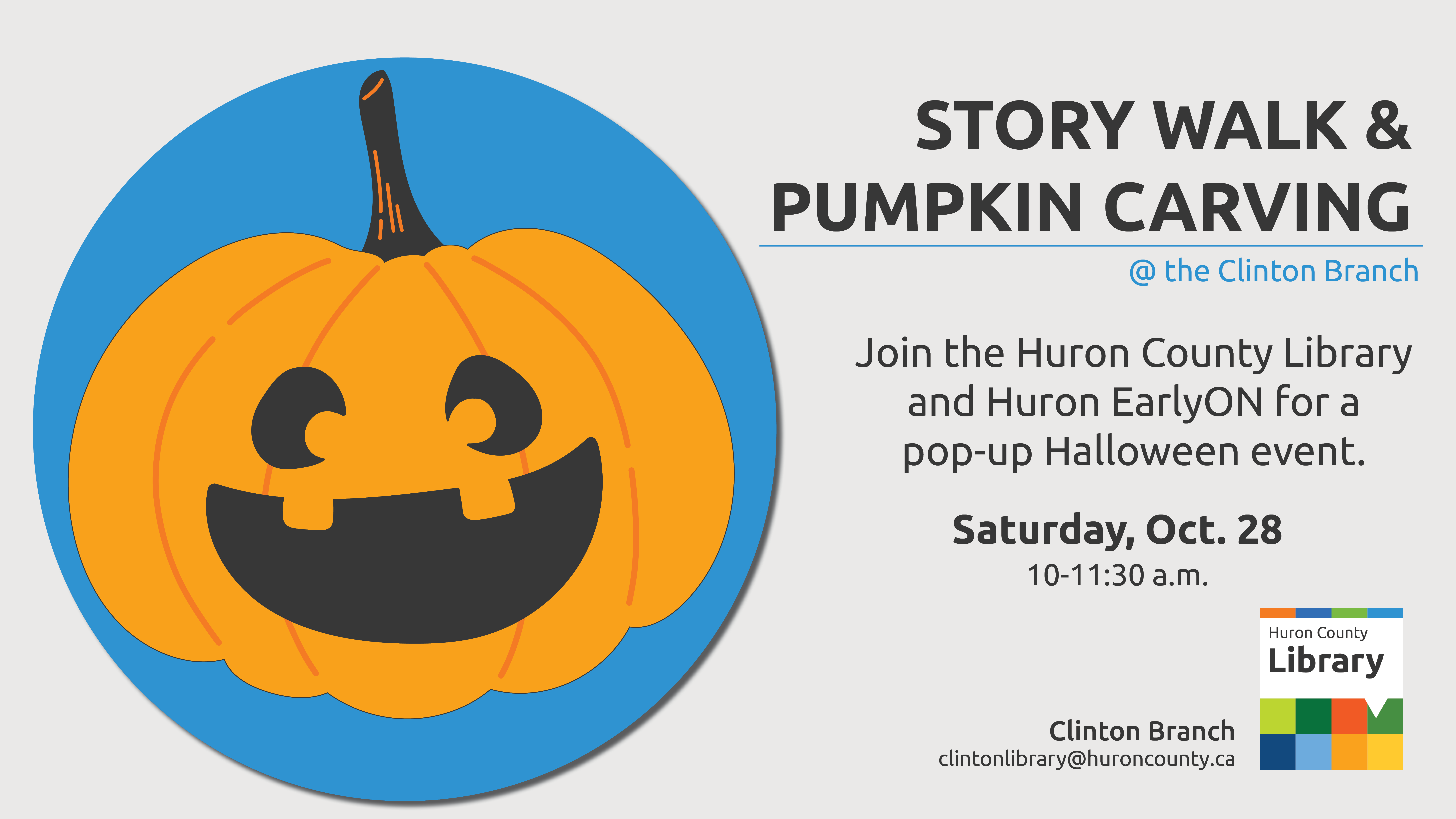 Illustration of a jack o lantern with text promoting story walk and pumpkin carving at Clinton Branch