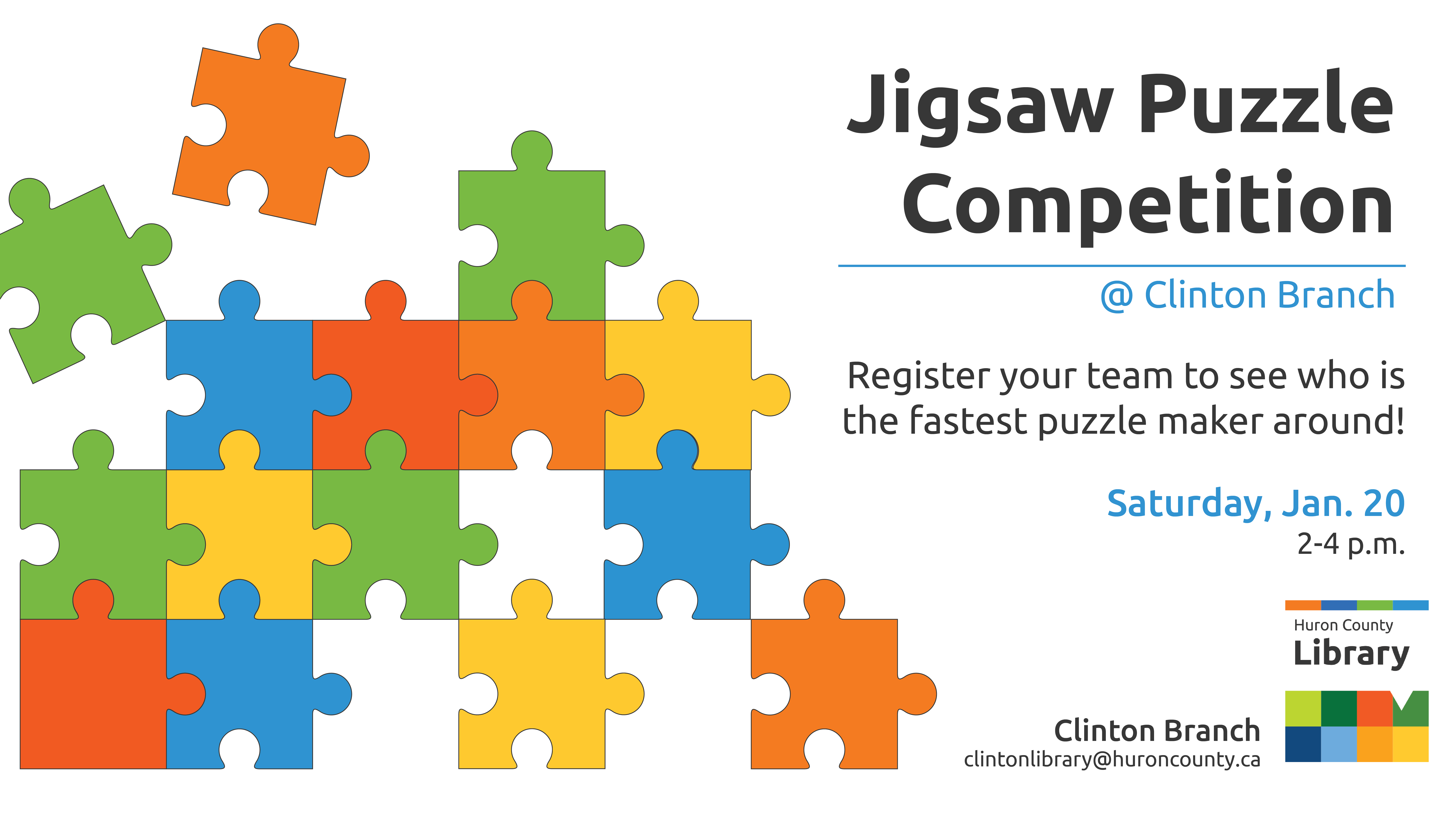 Illustration of puzzle pieces with text promoting puzzle competition at Clinton branch