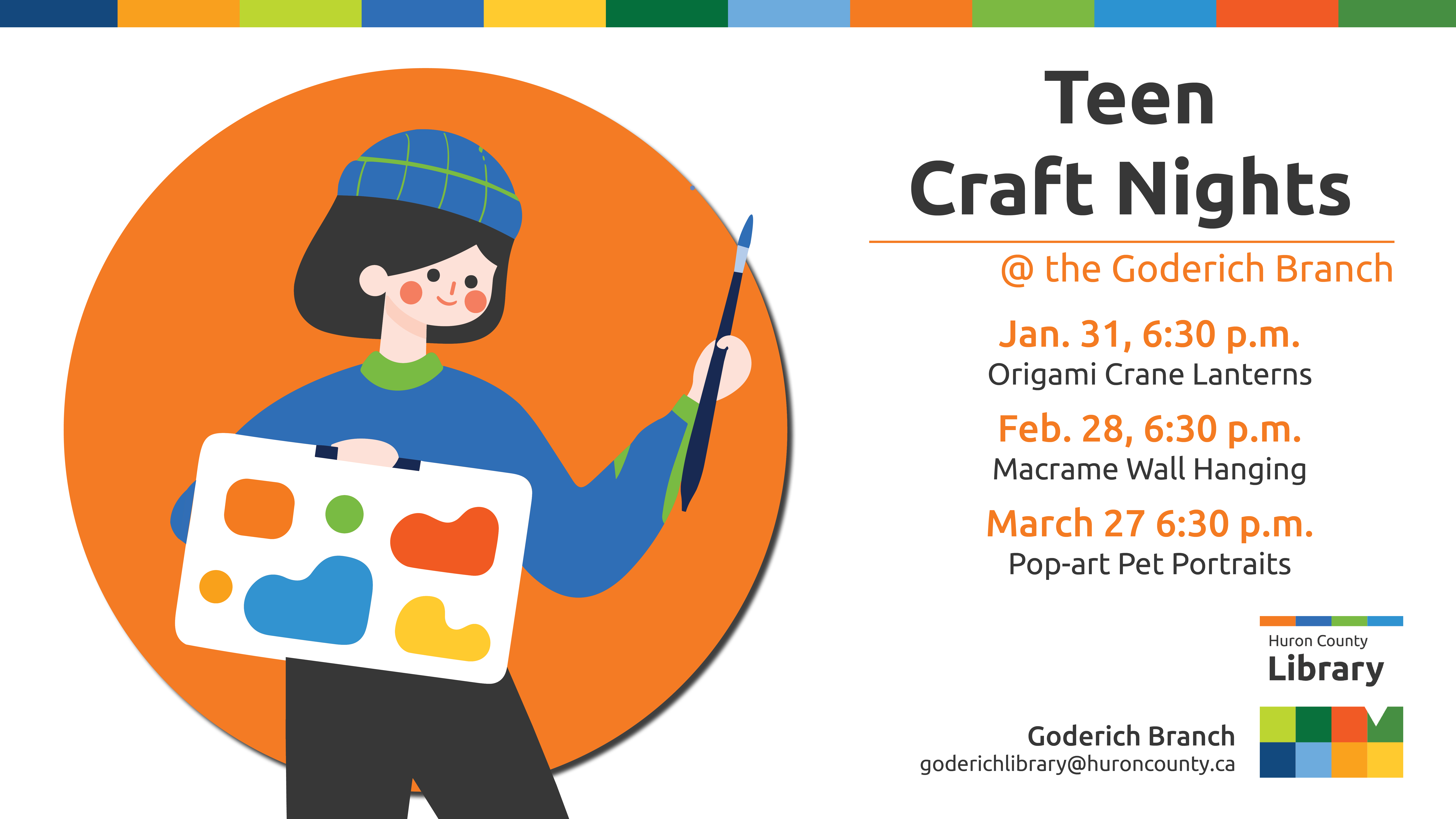 Illustration of a person holding a paint brush and paint pallet with text promoting teen craft nights at Goderich branch