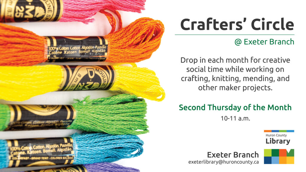 Image of colourful embroidery thread with text promoting Crafters' Circle at Exeter