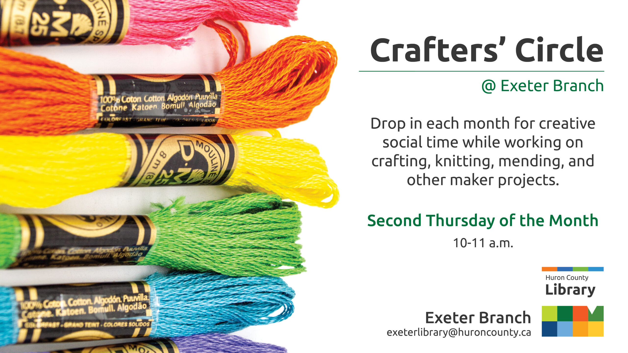 Image of colourful embroidery thread with text promoting Crafters' Circle at Exeter