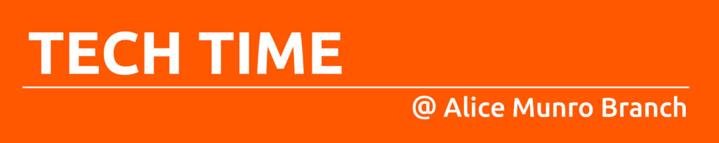 Dark orange rectangle with white text promoting tech time at Wingham