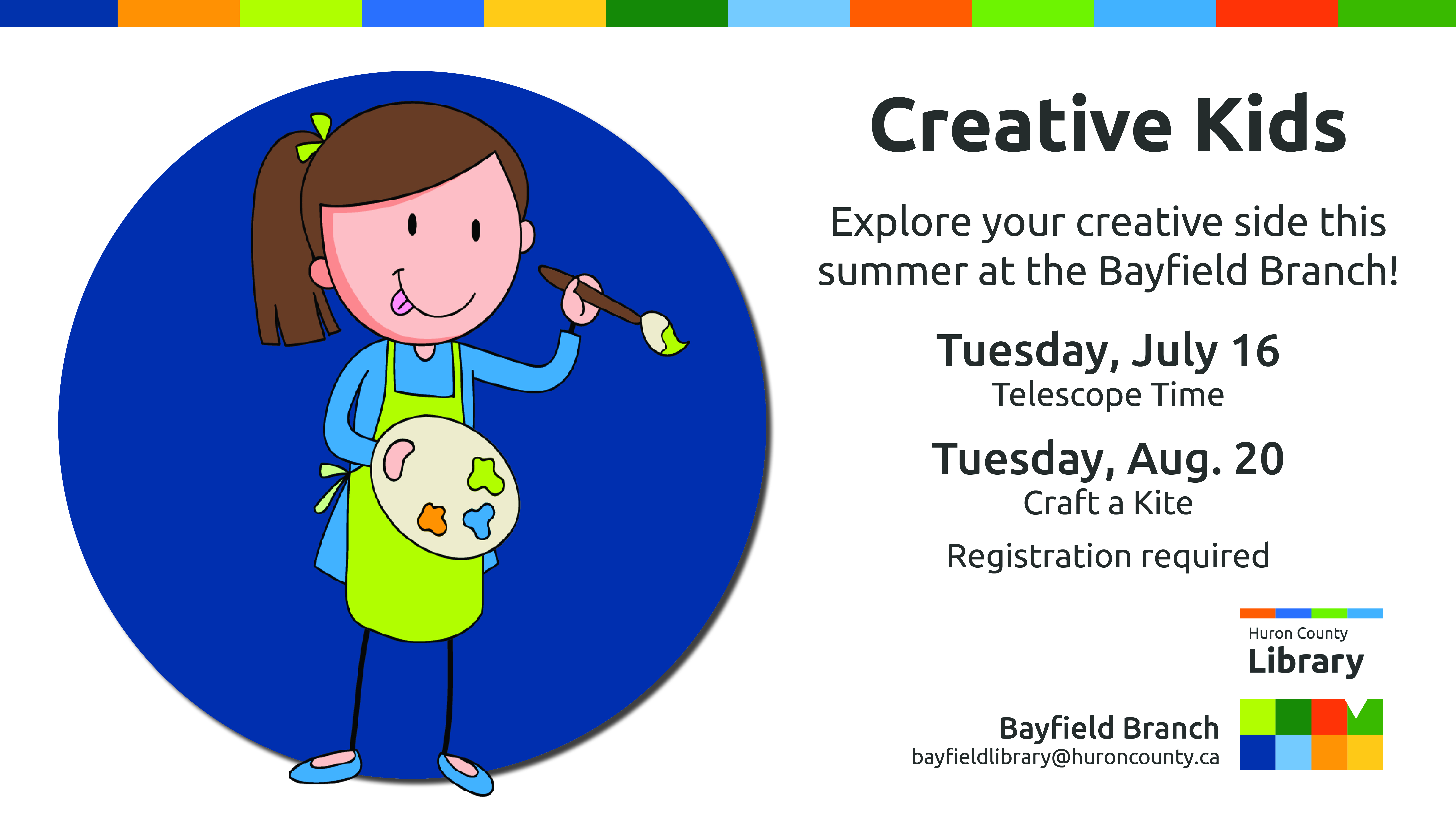 Illustration of a girl with a paint brush and paint with text promoting Creative Kids at Bayfield