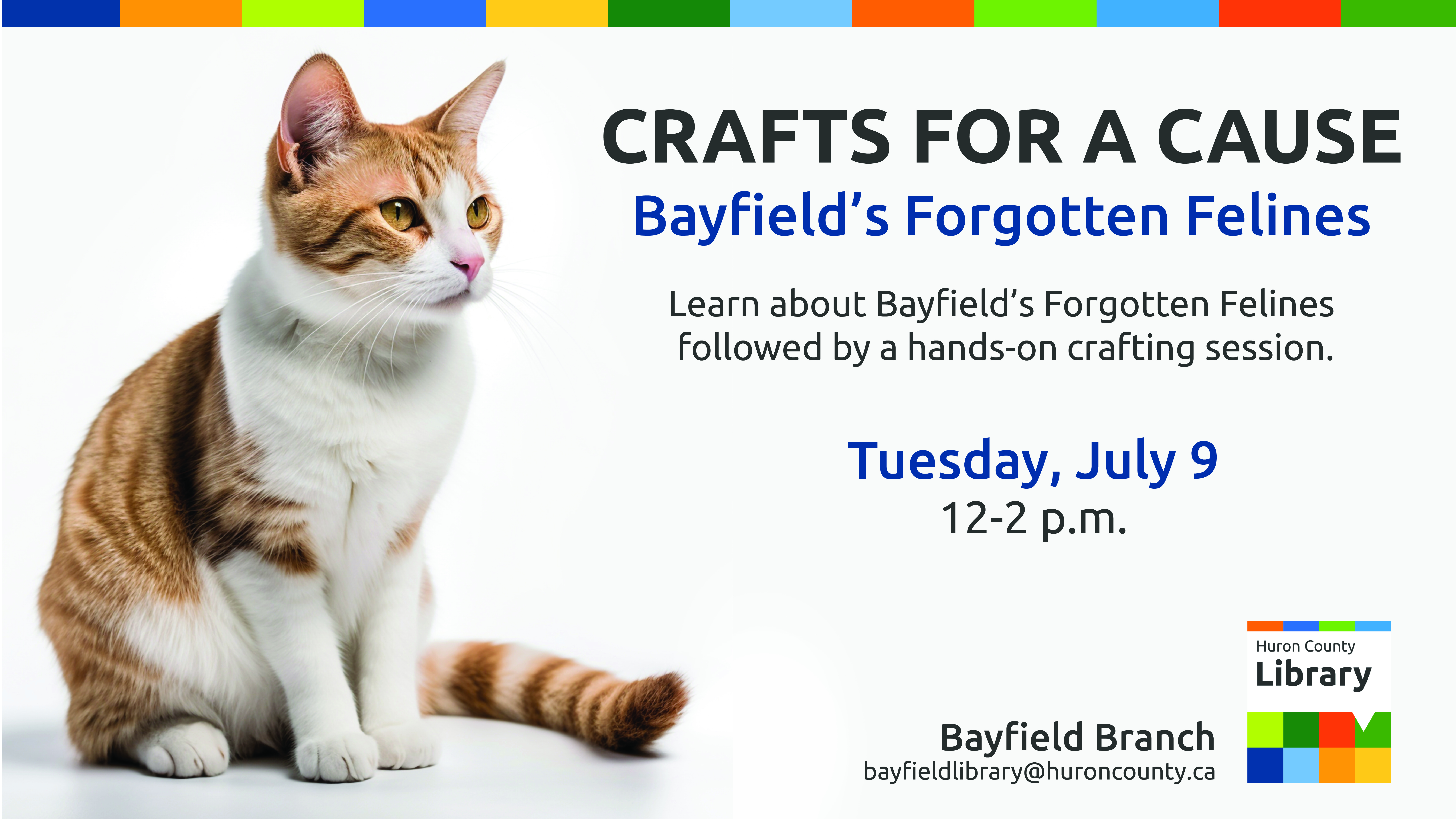 Photo of an orange and white cat with text promoting Crafts for a Cause: Bayfield's Forgotten Felines at Bayfield