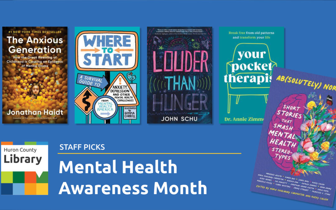 Images of book covers with text promoting Mental Health Awareness Month