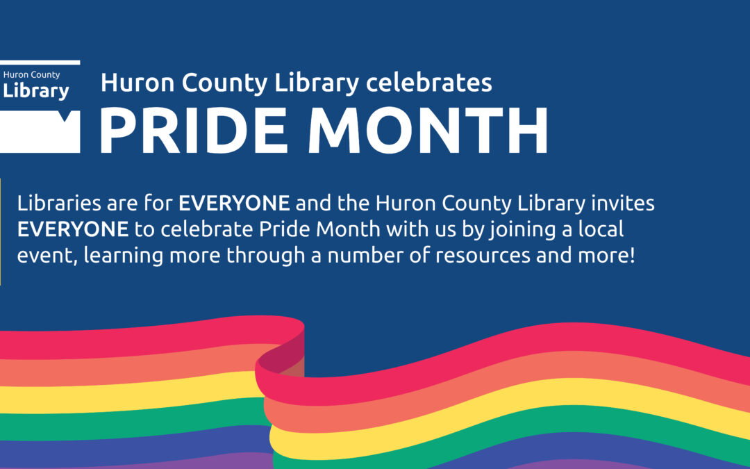 Illustration of a rainbow with text promoting Pride Month at the library