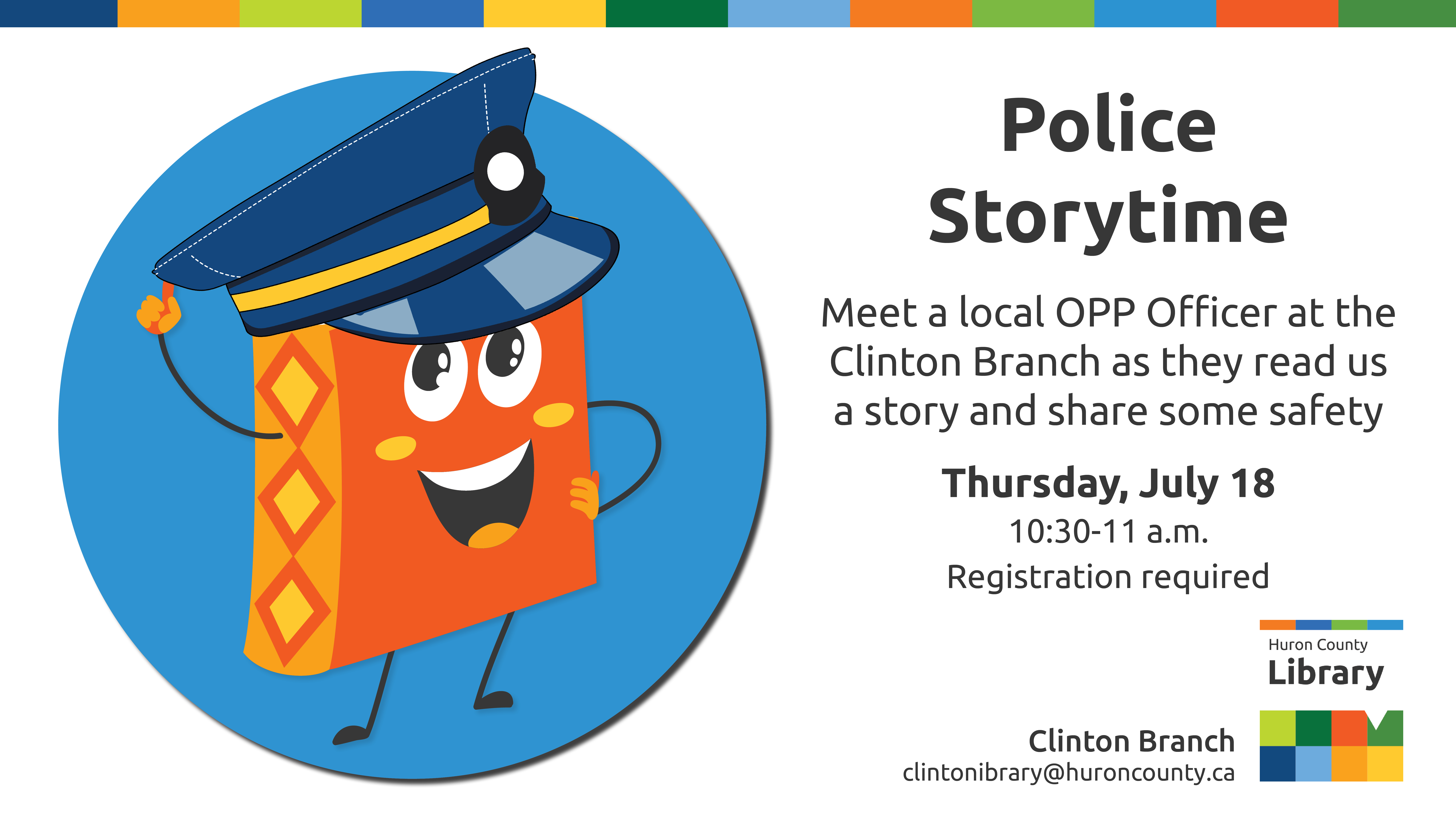 Illustration of Bob the Book wearing a police hat with text promoting police storytime at Clinton