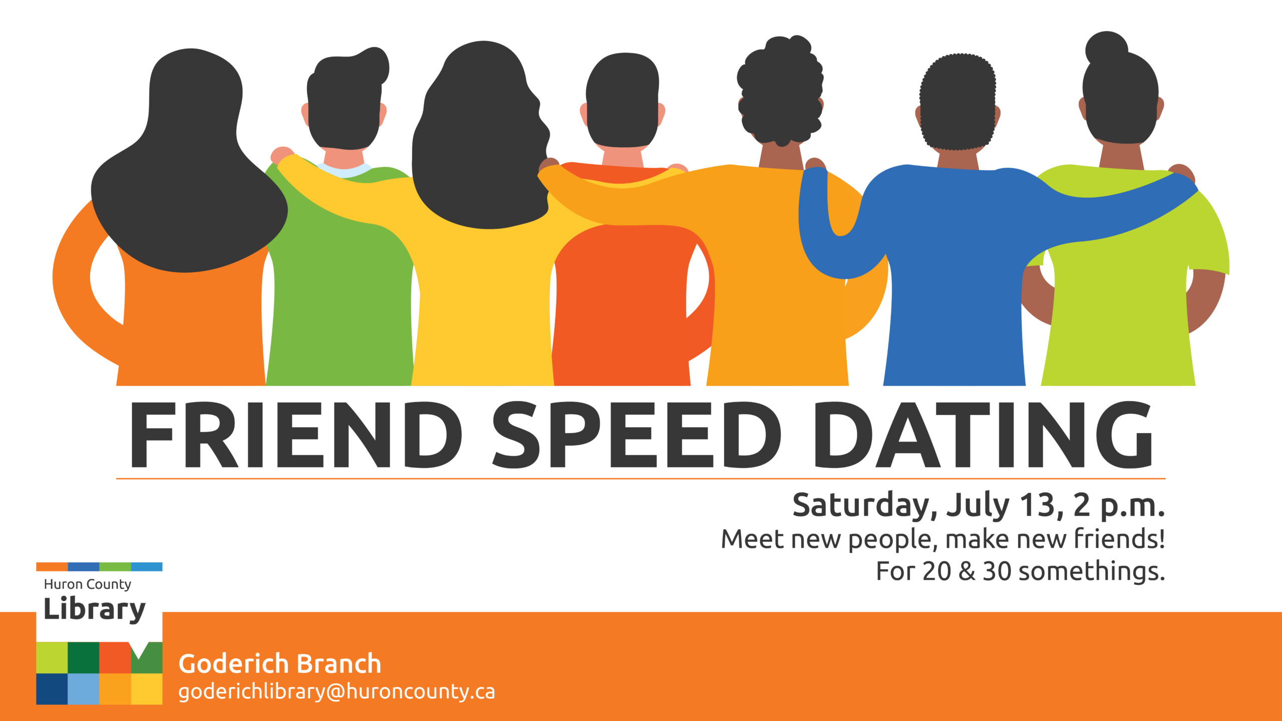 Illustration of a group of friends with text promoting friend speed dating at Goderich