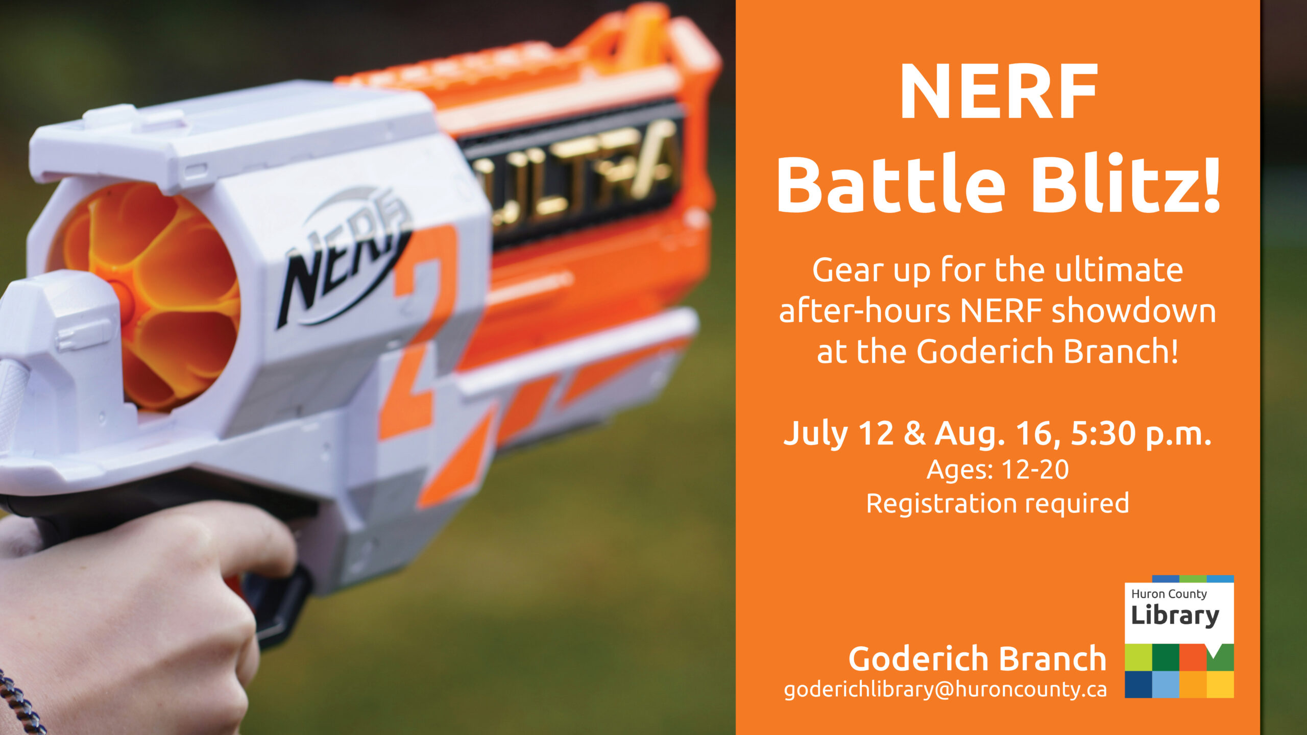 Photo of a nerf gun with text promoting Nerf Battle Blitz at Goderich