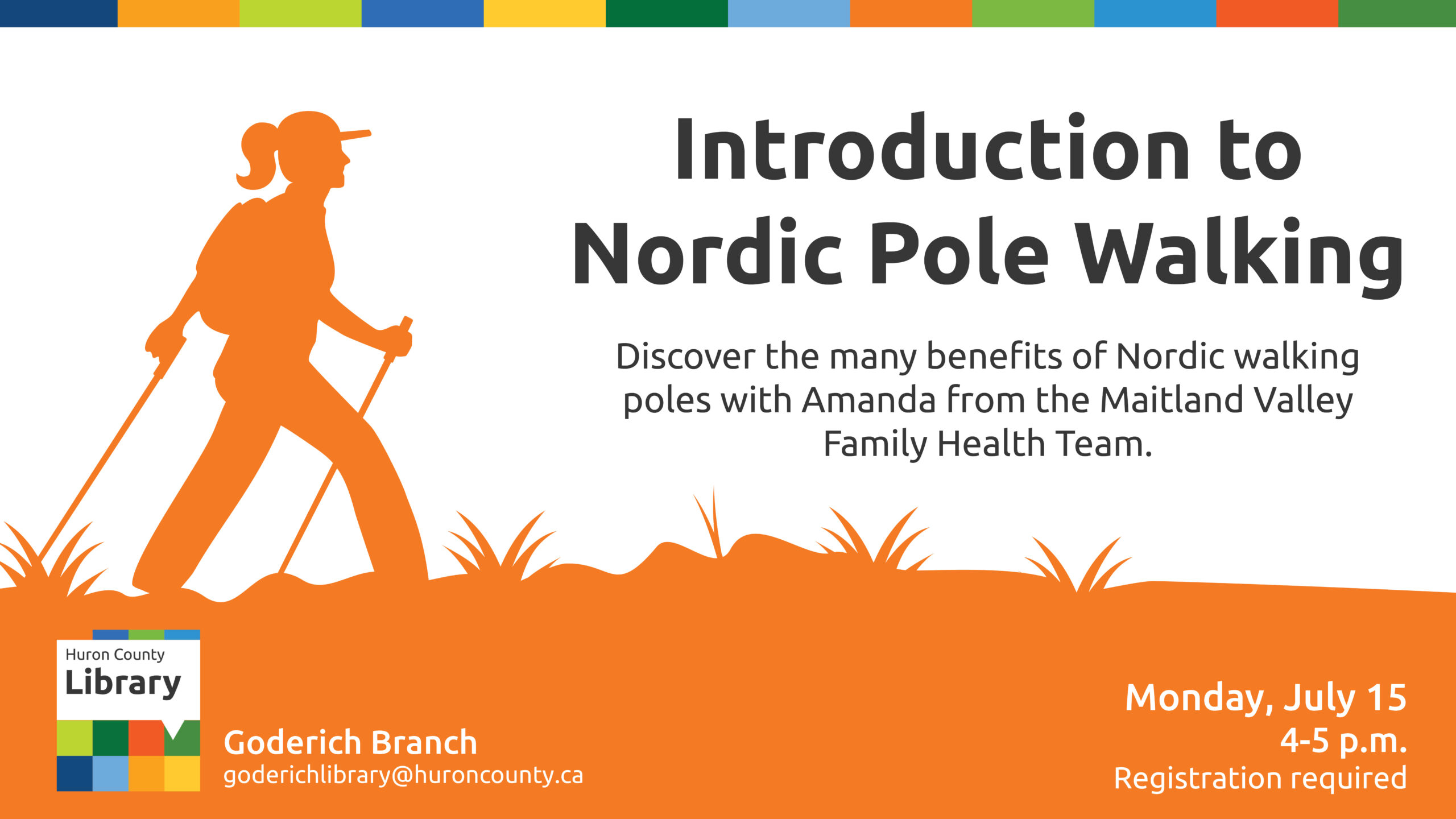 Illustration of a person walking with nordic poles with text promoting introduction program at Goderich