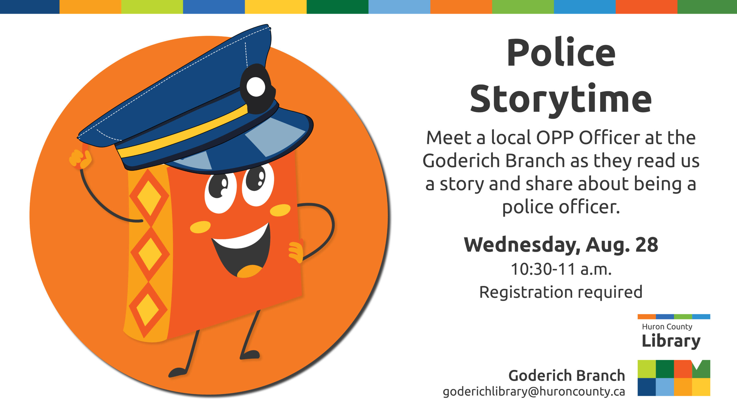 Illustration of Bob the Book wearing a police hat with text promoting police storytime at Goderich