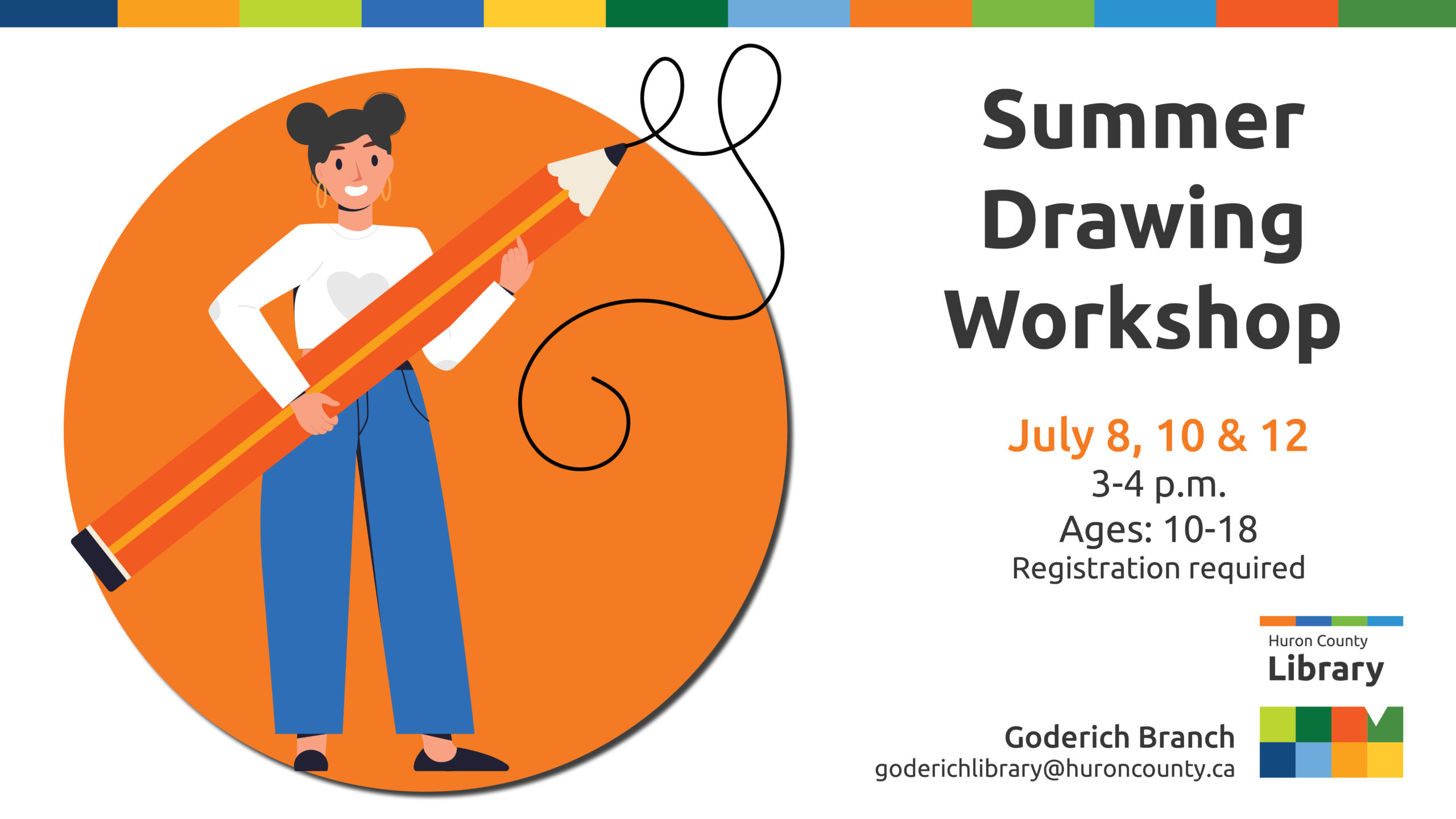 Illustration of a teen holding a pencil with text promoting summer drawing workshop for kids at Goderich