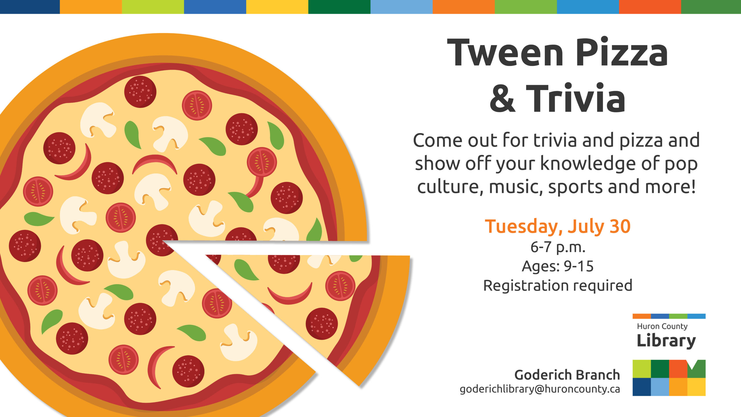 Illustration of a pizza with text promoting trivia and pizza at Goderich