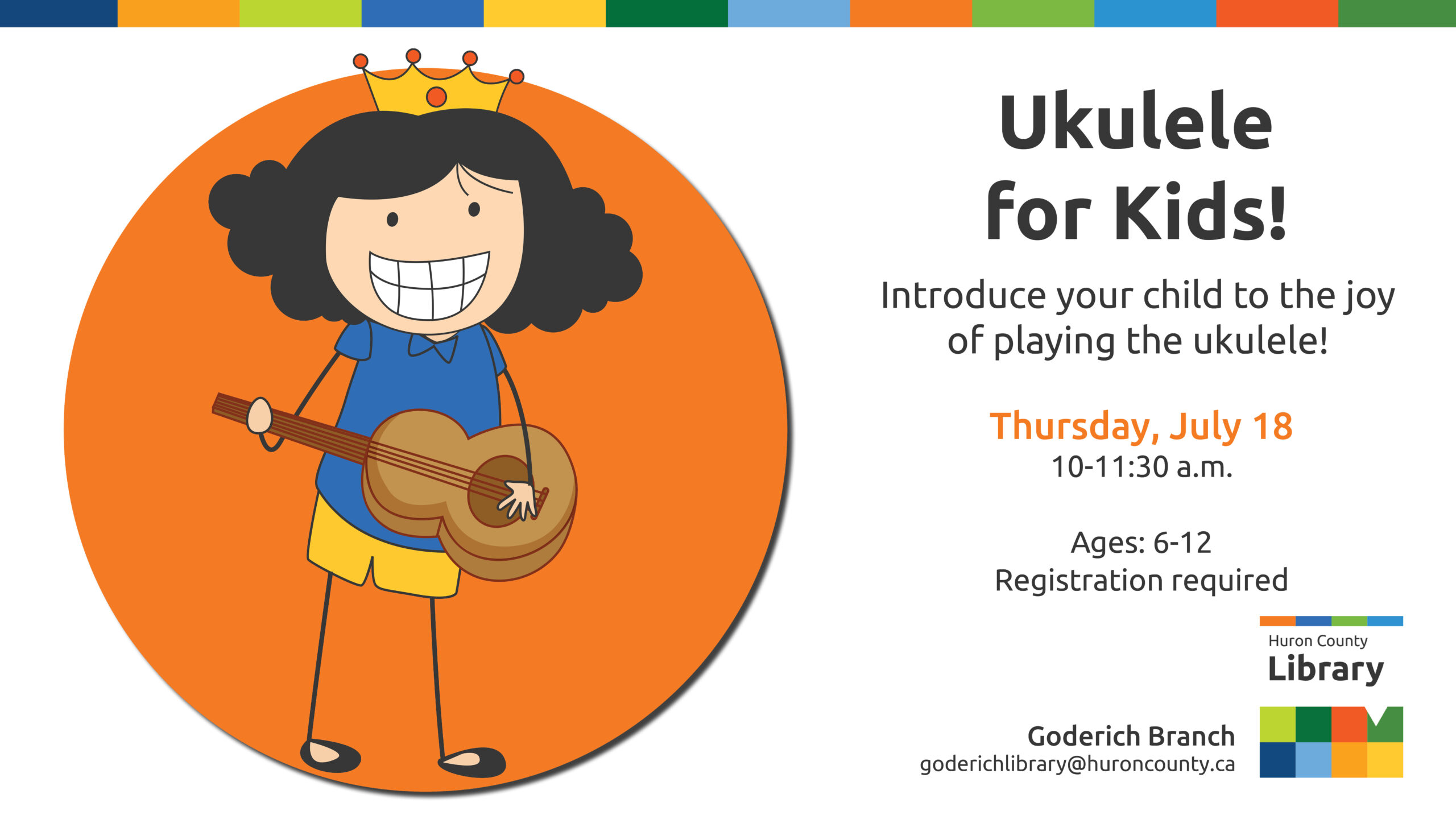 Illustration of a girl playing a ukulele with text promoting ukulele for kids at Goderich