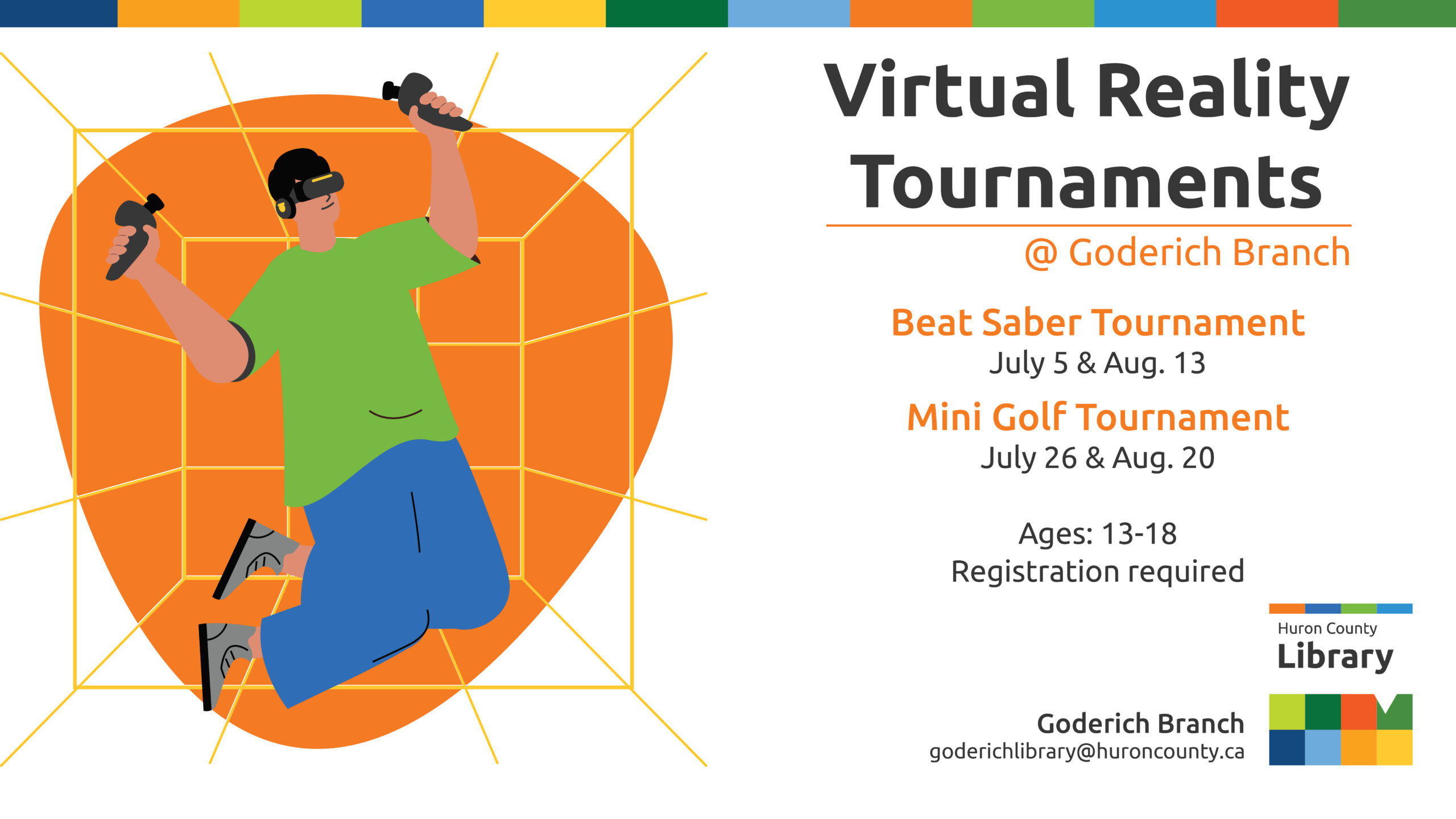 Illustration of a teen wearing virtual reality headset with text promoting virtual reality tournaments at Goderich