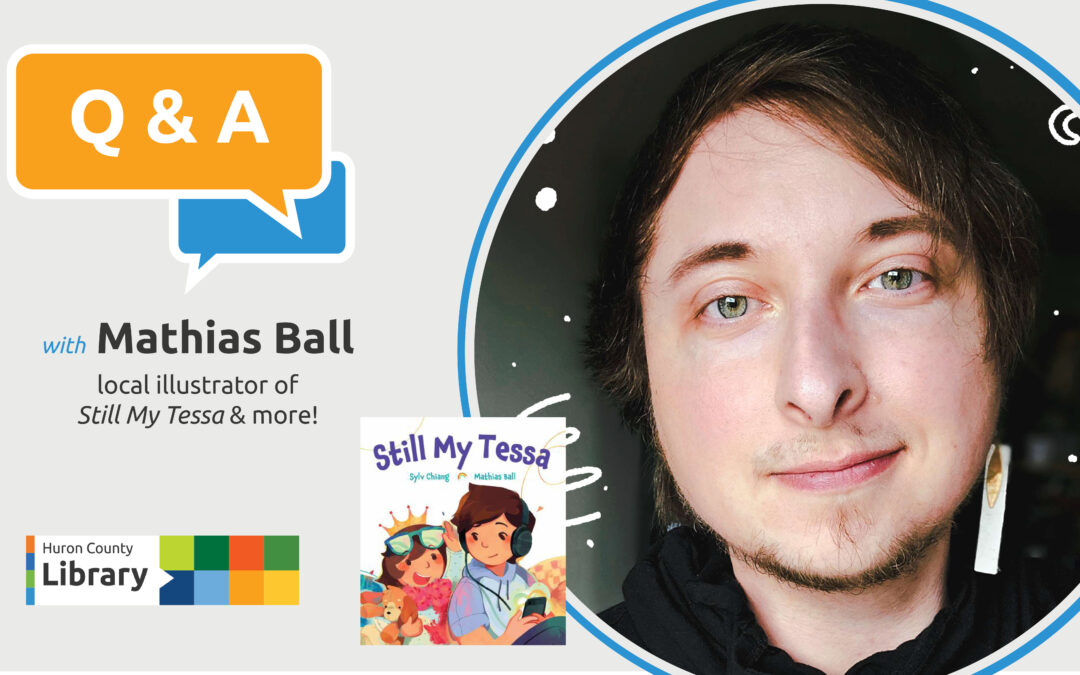 Photo of illustrator Mathias Ball with text promoting Q&A with the illustrator