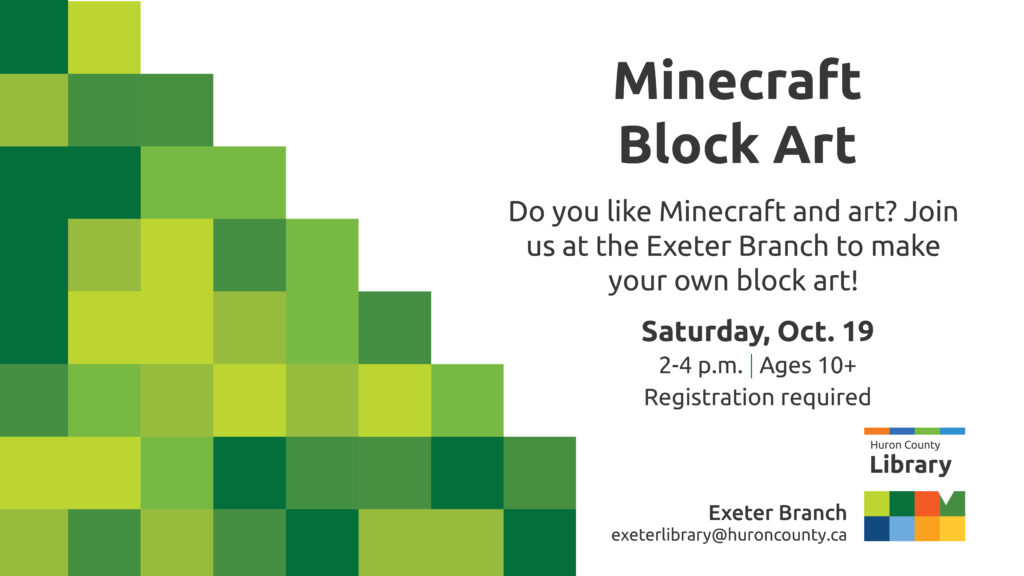 Illustration of blocks with text promoting Minecraft Block Art at Exeter