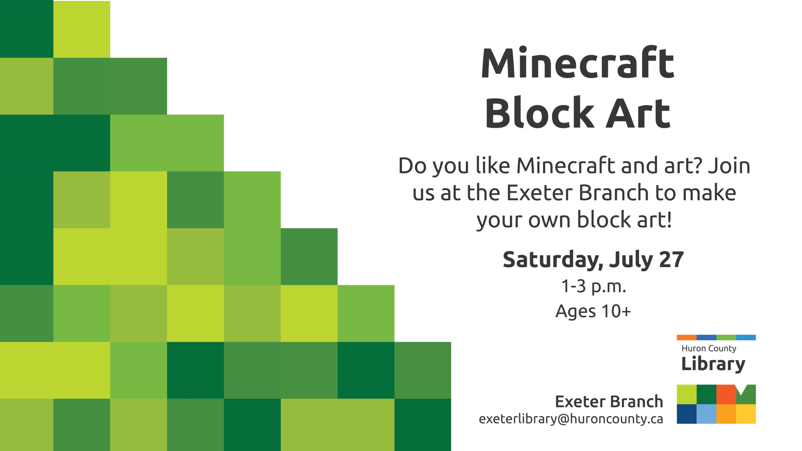 Coloured blocks with text promoting Minecraft art at Exeter