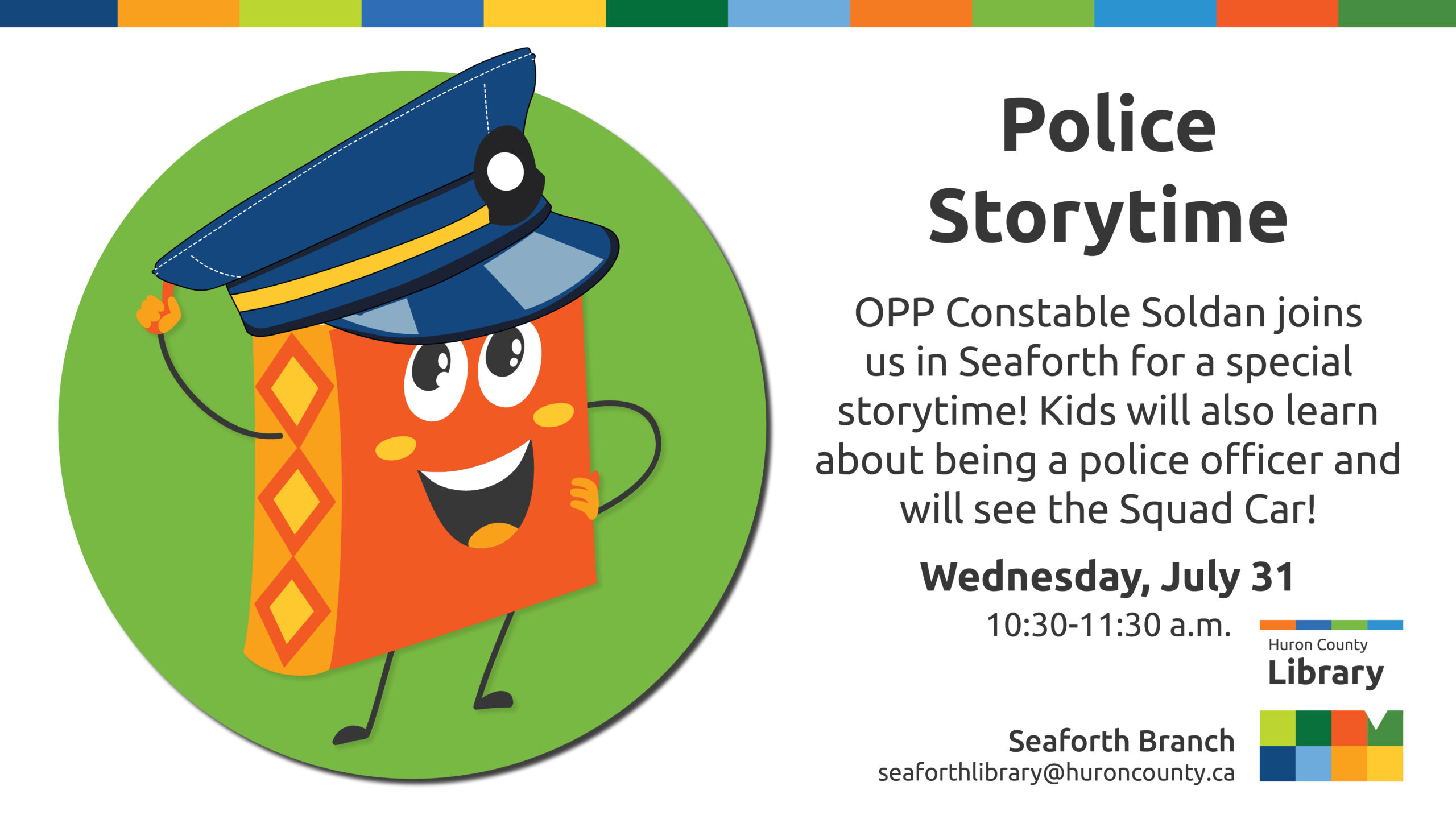 Illustration of Bob the Book wearing a police hat with text promoting police storytime