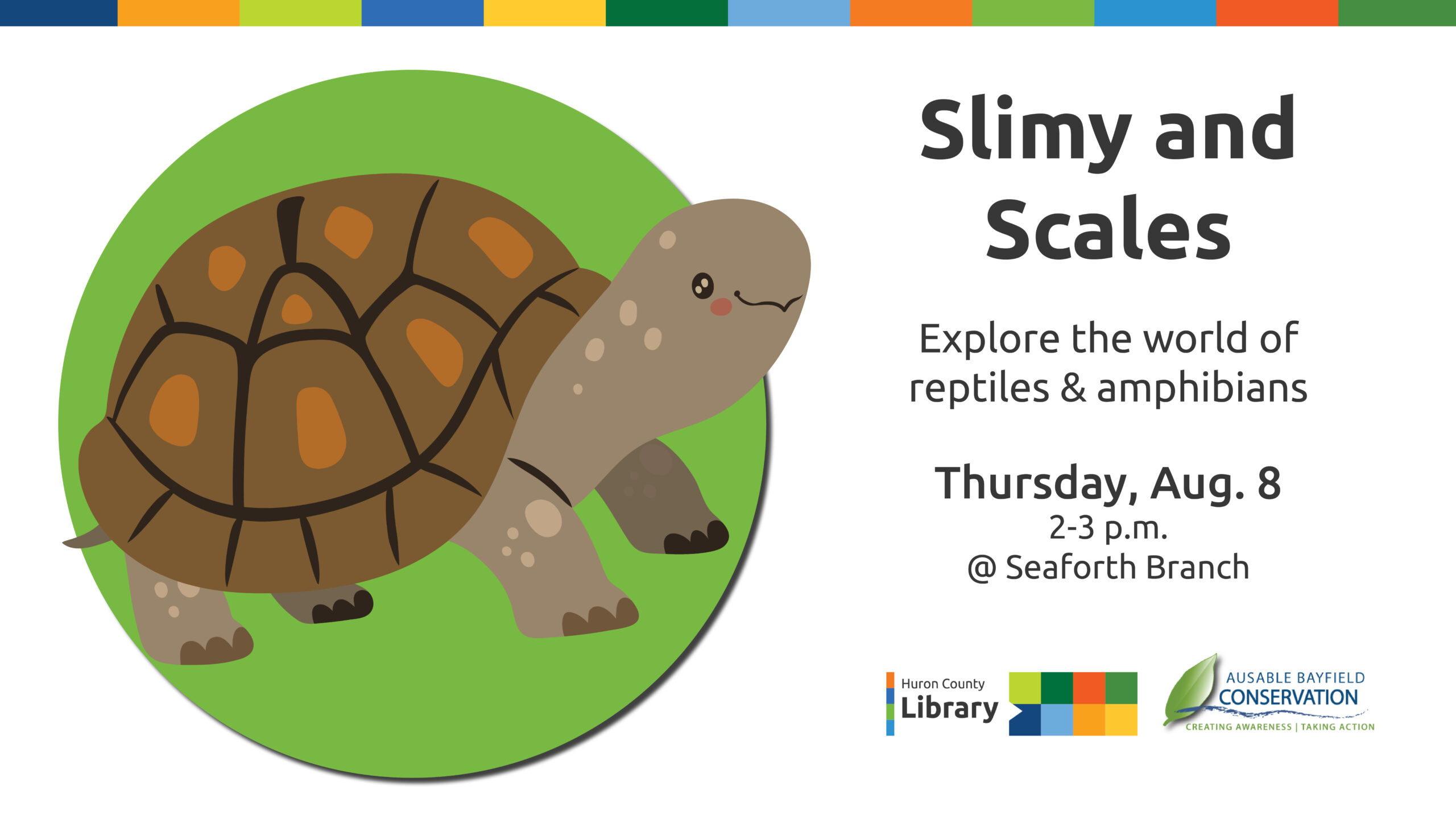 Illustration of a turtle with text promoting Slimy and Scales at Seaforth