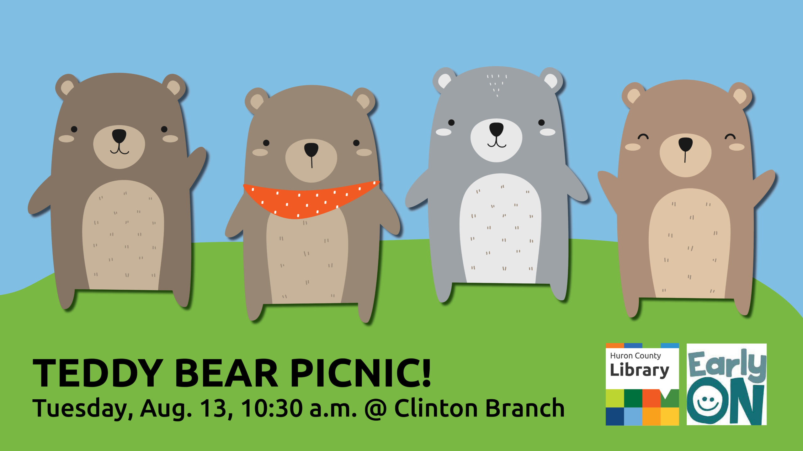 Illustration of teddy bears with text promoting Teddy Bear Picnic at Clinton