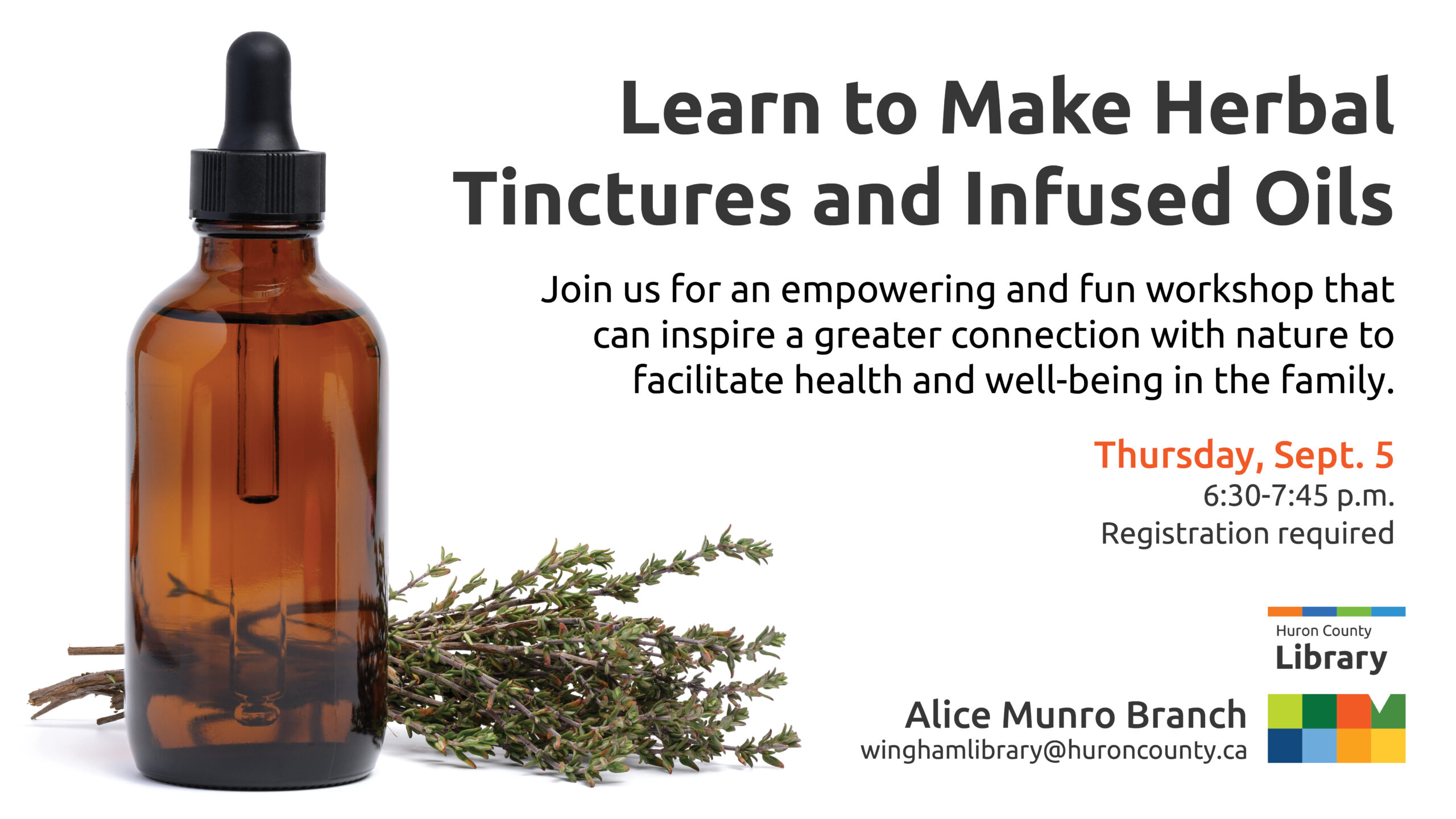 Image of a tincture bottle with text promoting herbal tincture workshop at Wingham