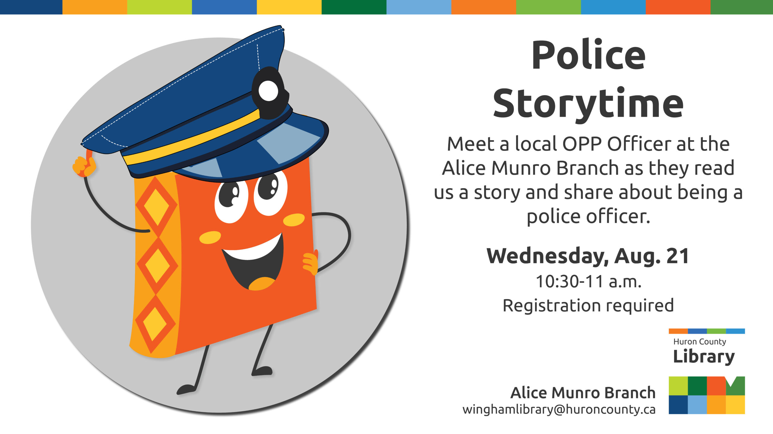 Illustration of Bob the Book wearing a police hat with text promoting police storytime at Wingham