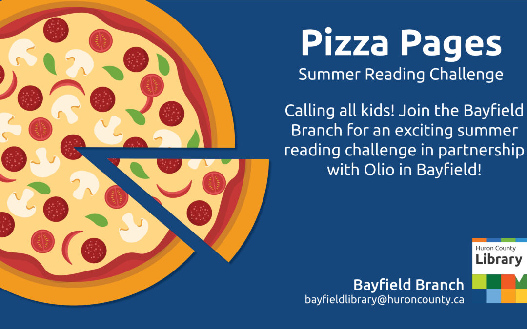 Illustration of a pizza with text promoting Pizza Pages reading challenge in Bayfield