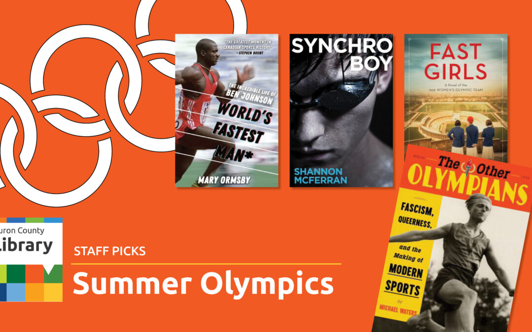 Illustration of Olympic rings with book covers of Olympic-themed books