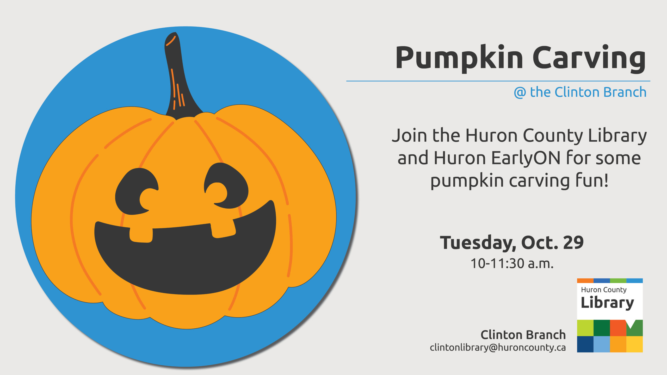 Illustration of a pumpkin with text promoting Pumpkin Carving at Clinton