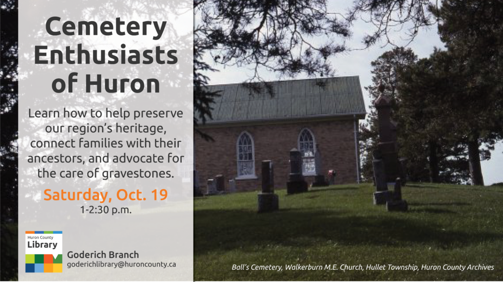 Image of Walkerburn church and cemetery with text promoting cemetery enthusiasts of Huron