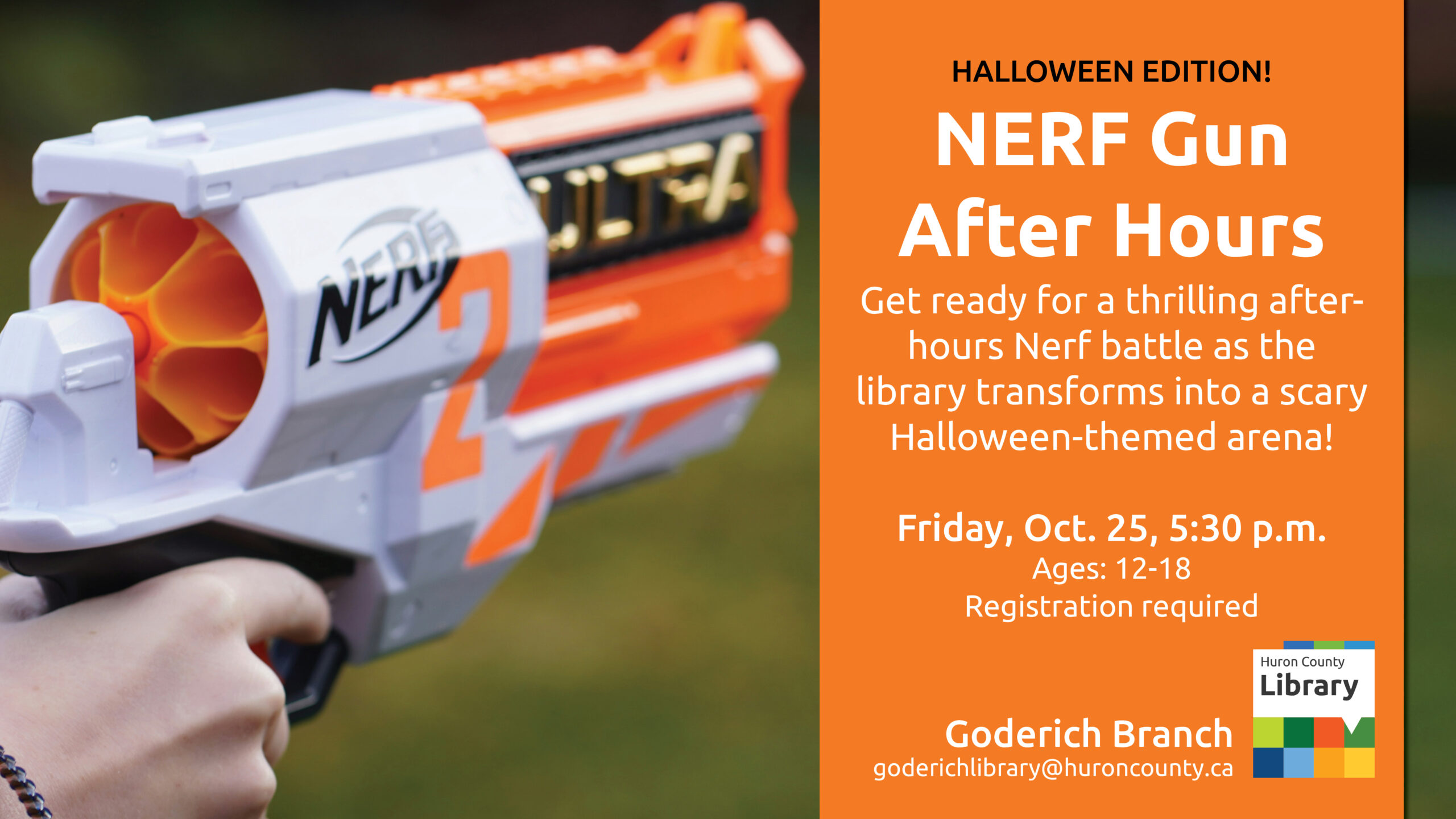 Image of a nerf gun with text promoting Nerf battle at Goderich