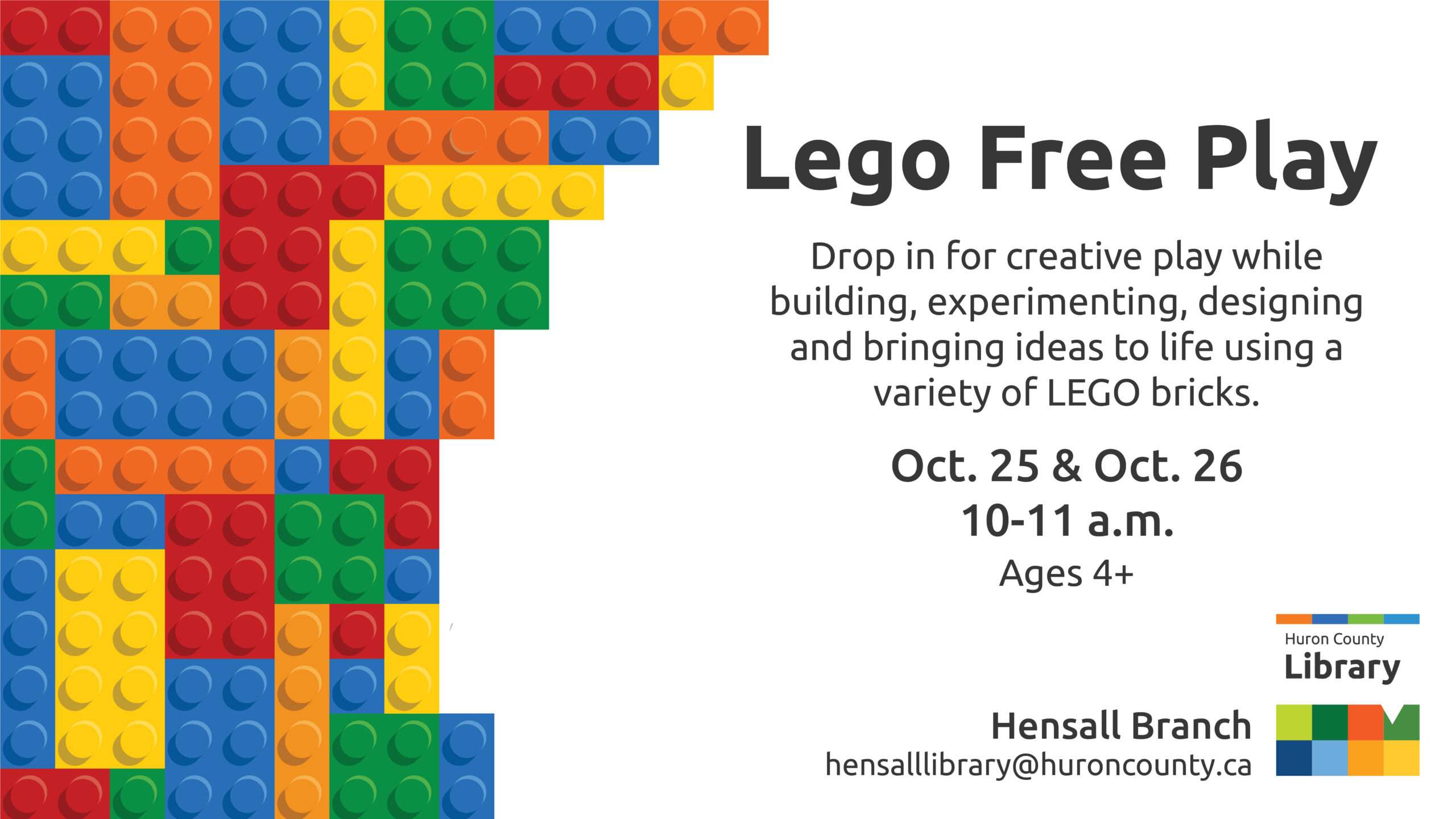 Illustration of Lego bricks with text promoting Lego Free Play at Hensall