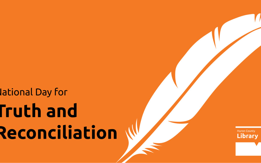 White feather on an orange background with text promoting National Day for Truth and Reconciliation