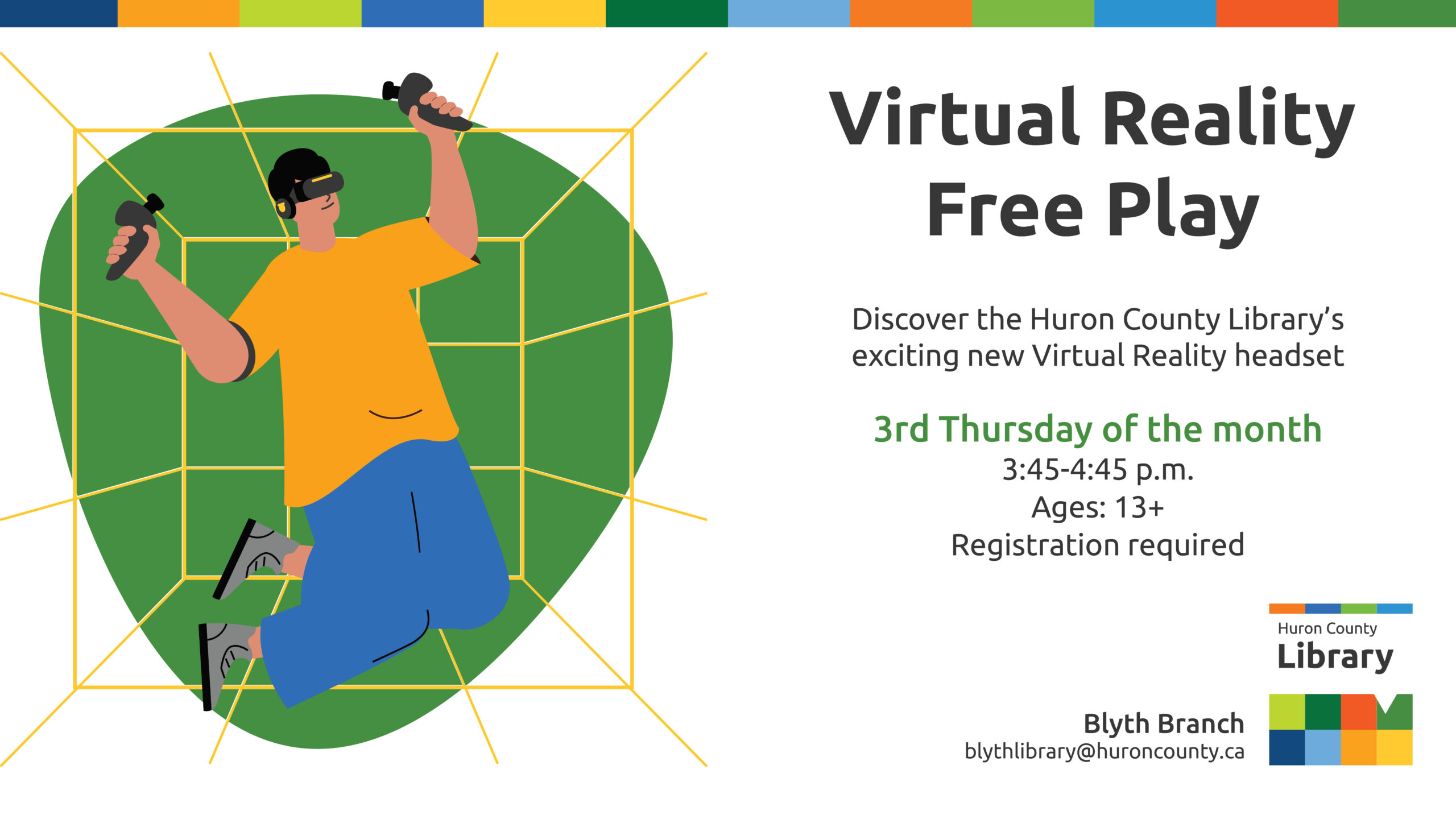 Illustration of a young person wearing a virtual reality set with text promoting VR free play at Blyth