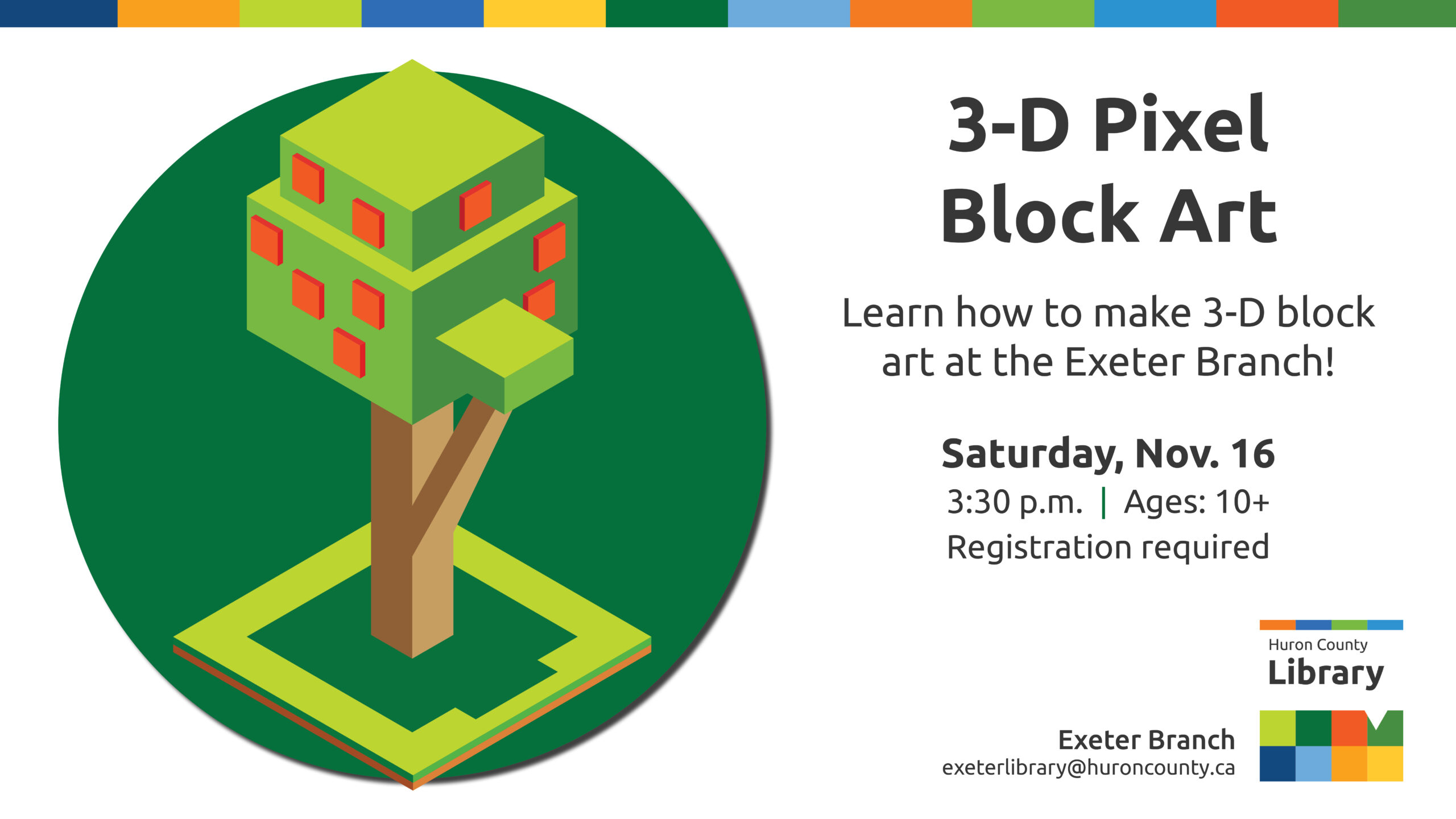 Illustration of a block art tree with text promoting 3_D pixel block art event at Exeter