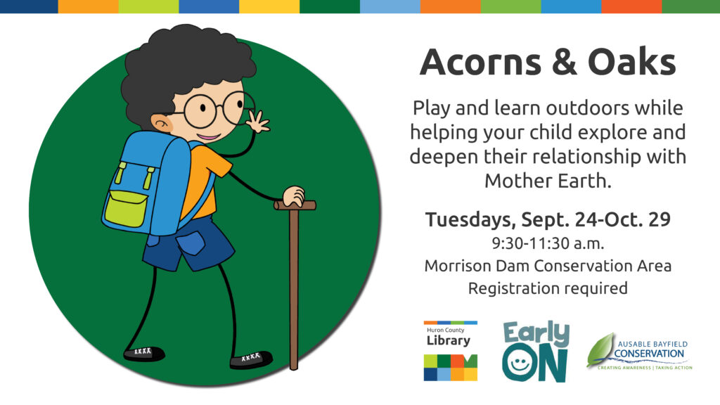 Illustration of a child with a walking stick and backpack. Text promotes Acorns and Oaks program at Morrison Dam, Exeter