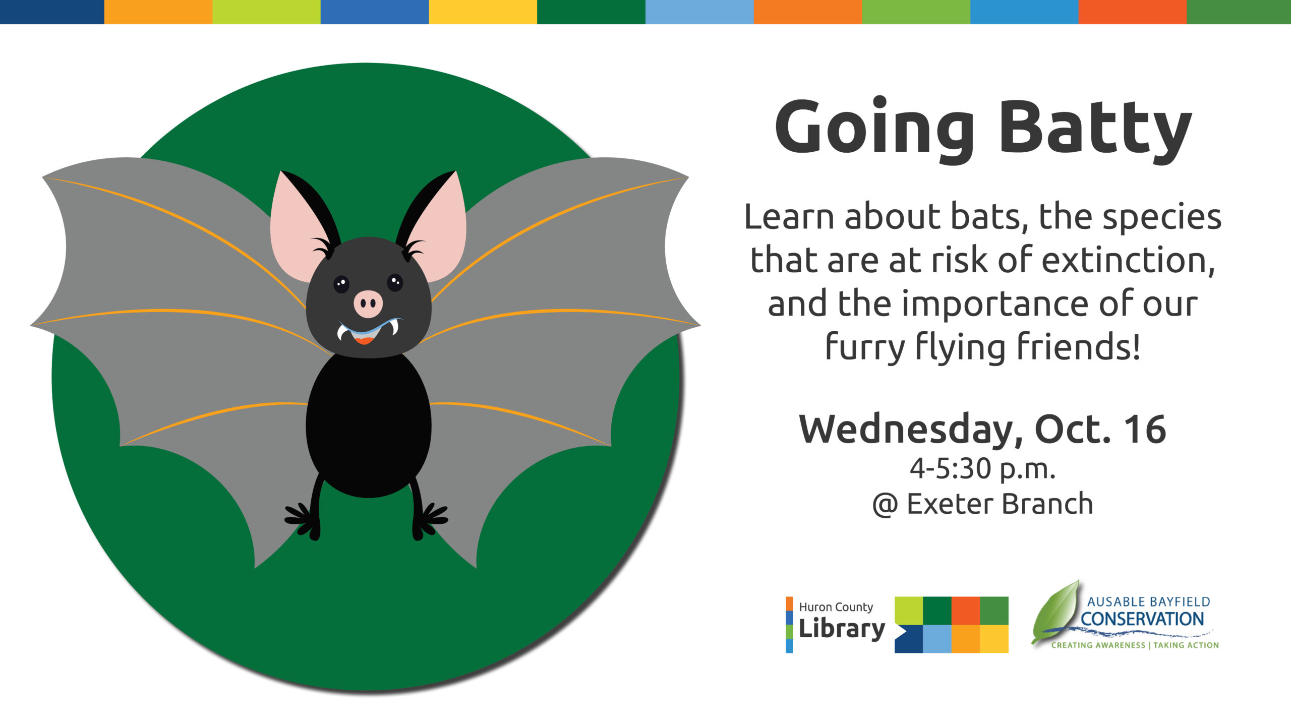 Illustration of a bat with text promoting Going Batty at Exeter