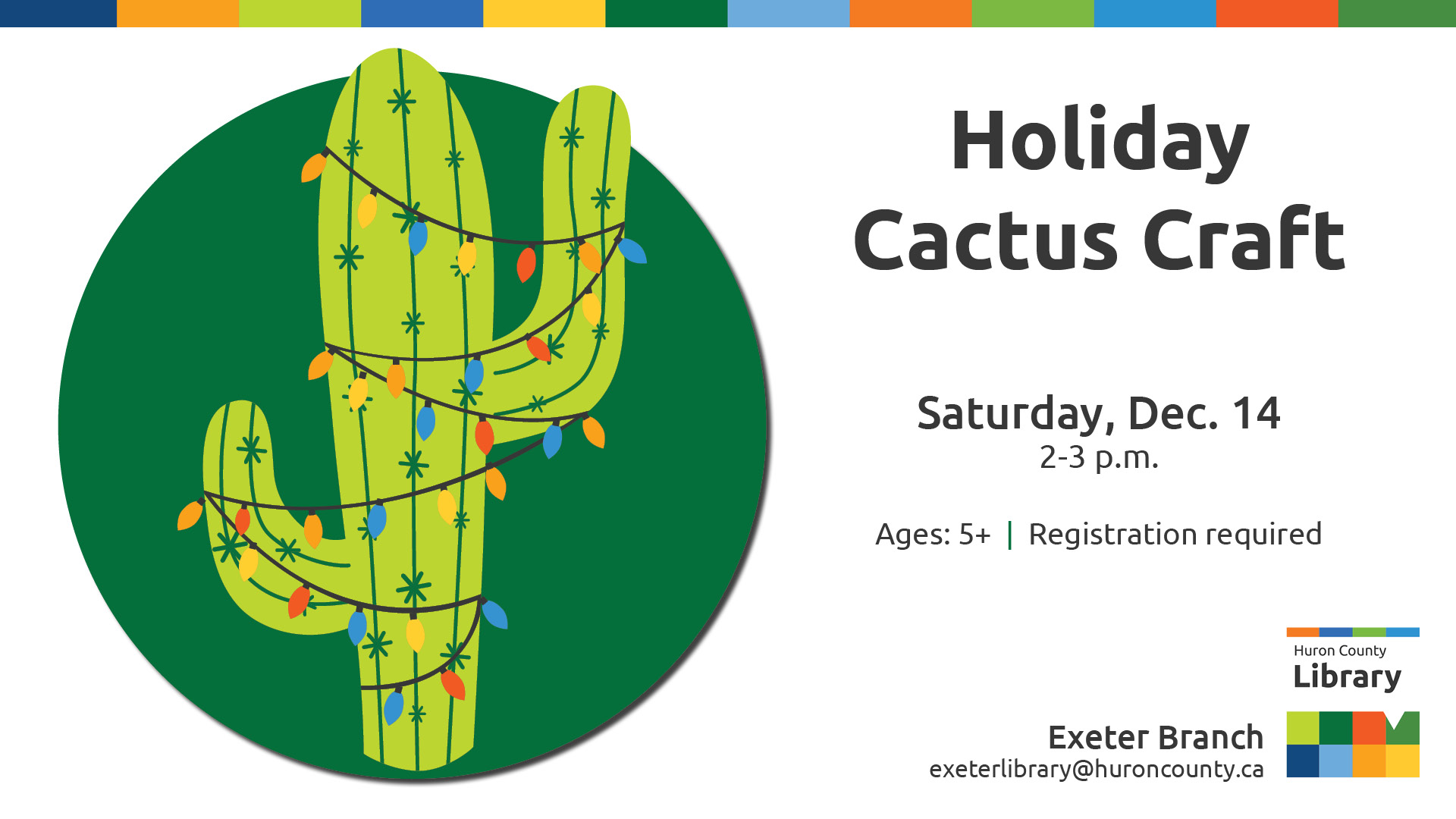 Illustration of a cactus with text promoting Holiday Cactus Craft at Exeter