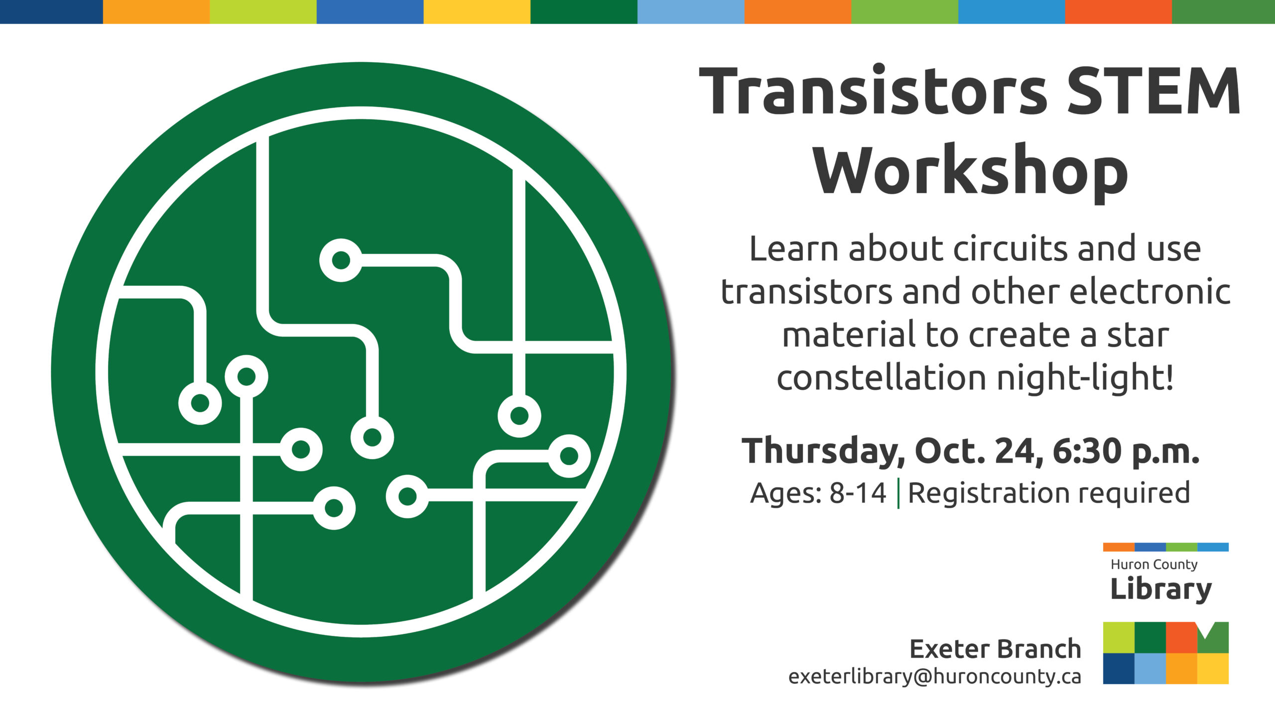 Illustration of a circuit with text promoting Transistors workshop at Exeter