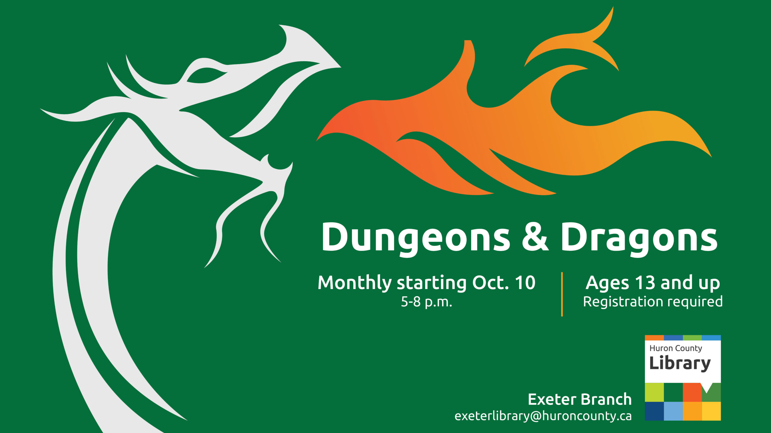 Illustration of a dragon breathing fire with text promoting dungeons and dragons at Exeter