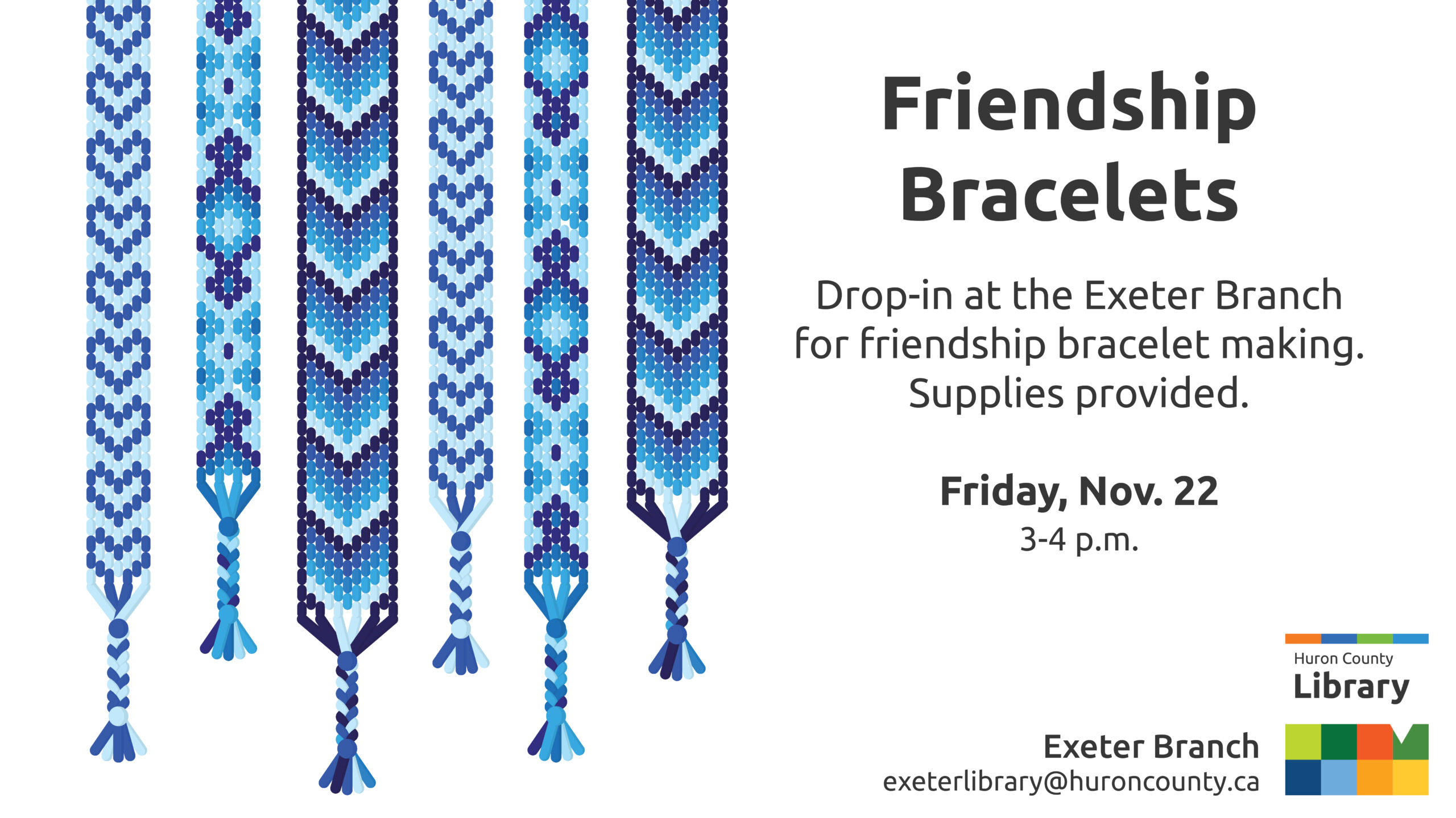 Illustration of friendship bracelets with text promoting workshop at Exeter