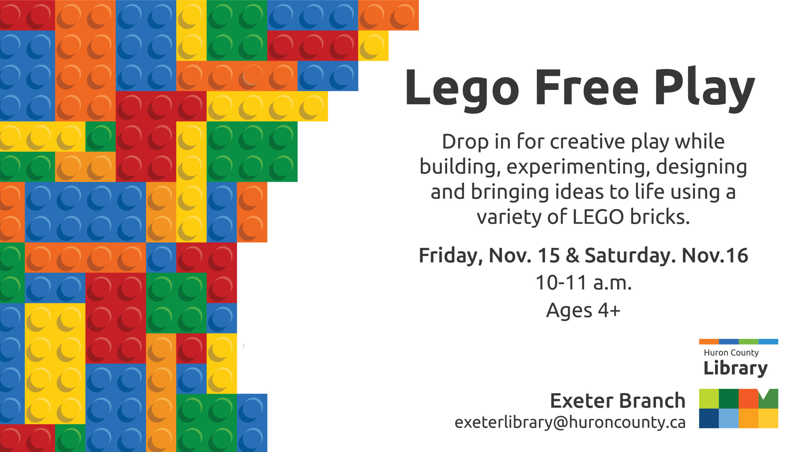 Illustration of lego with text promoting Lego Free Play at Exeter