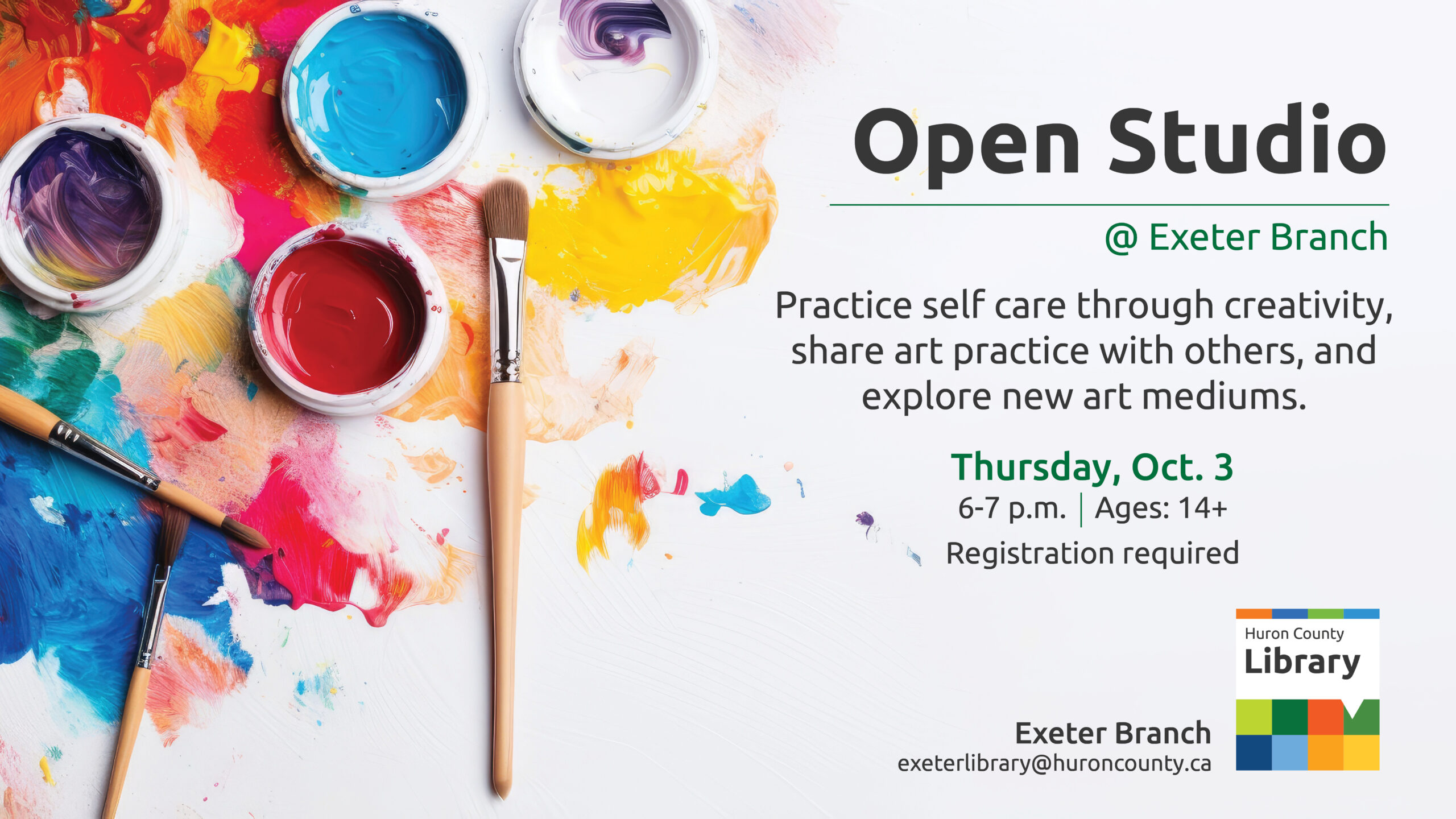 Photo of paints and paint brushes with text promoting Open Studio at Exeter