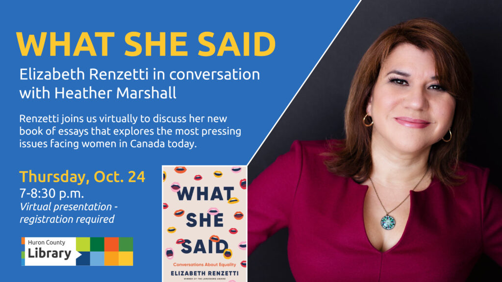 Photo of author Elizabeth Renzetti with text promoting virtual talk with Heather Marshall