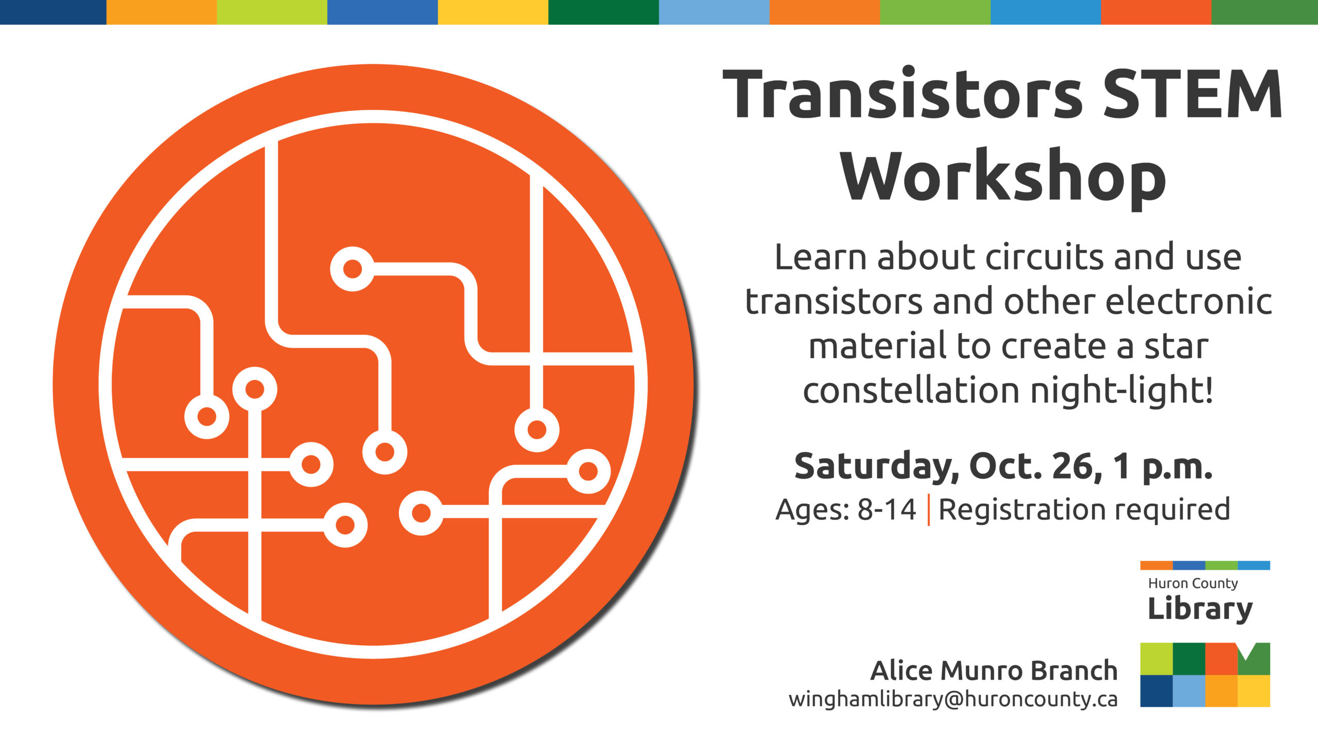 Illustration of a circuit with text promoting Transistors workshop at Wingham