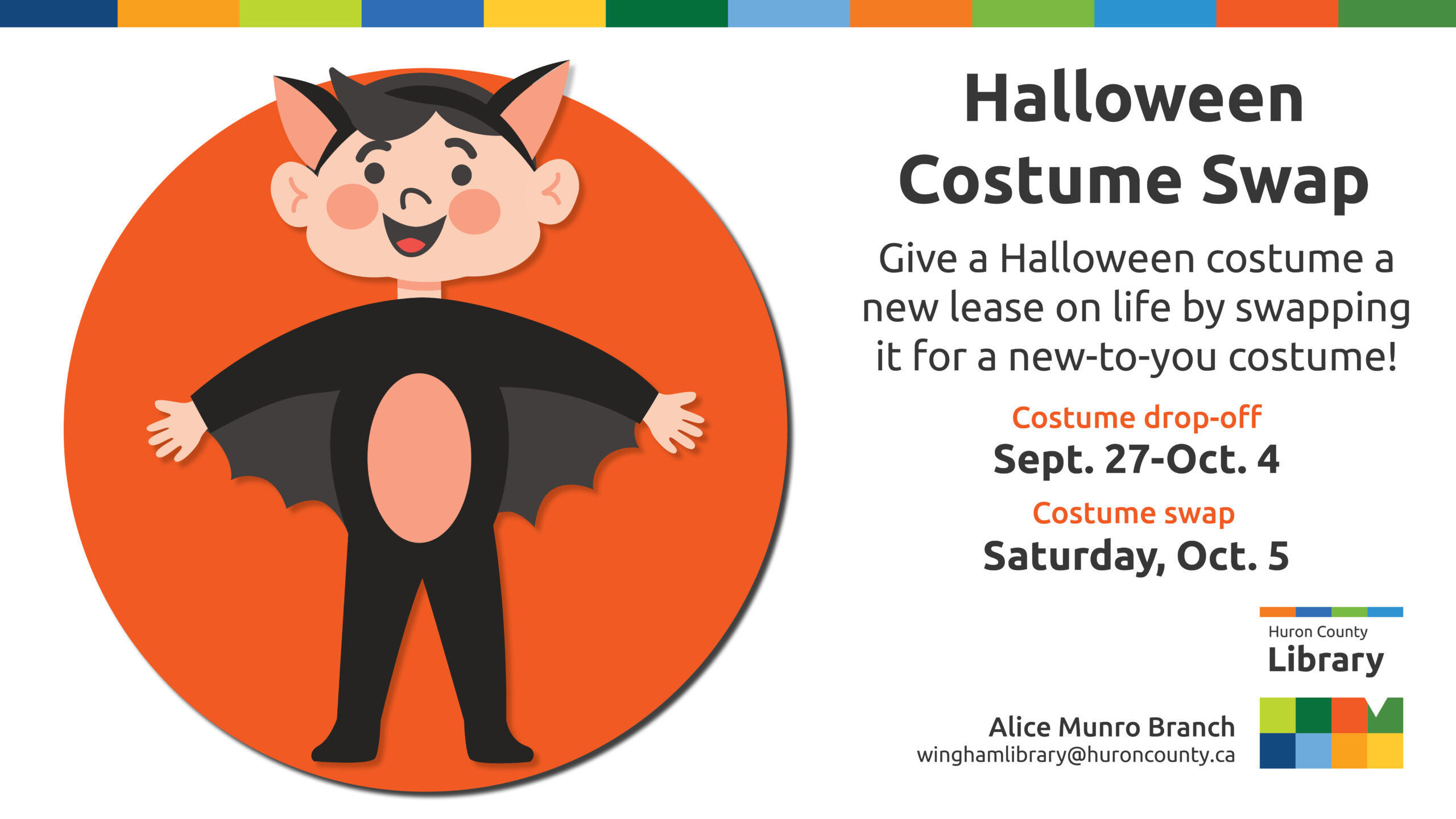 Illustration of a child in a bat costume with text promoting Halloween Costume Swap in Wingham