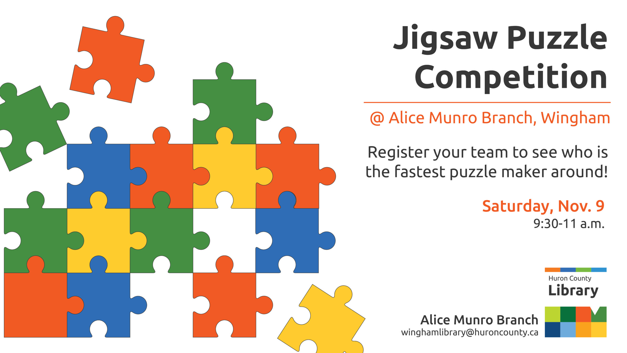 Illustration of puzzle pieces with text promoting puzzle competition at Wingham